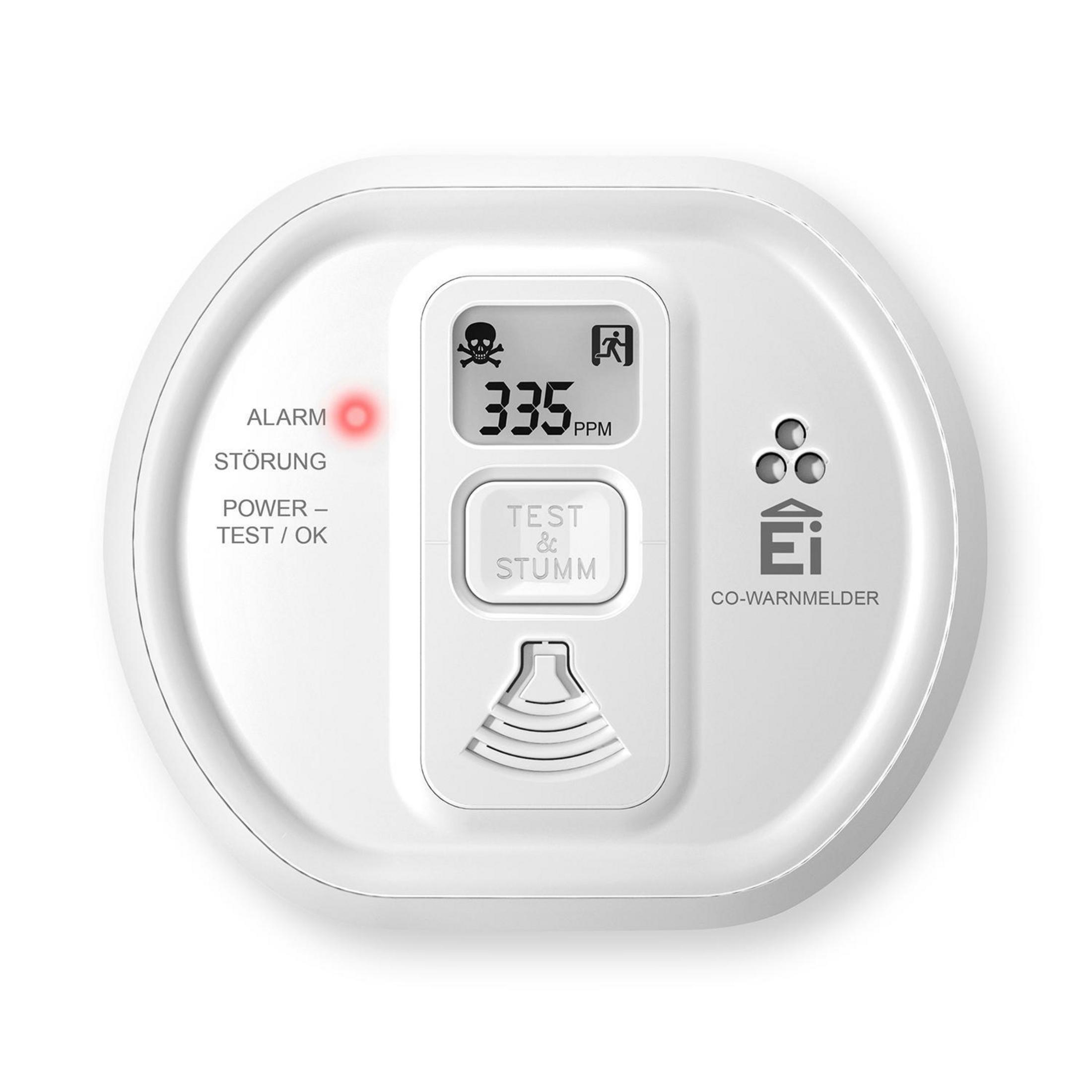 Weißer CO-Alarm mit Display, das 335 PPM anzeigt. Er hat eine Testtaste und eine rote Alarmanzeige.