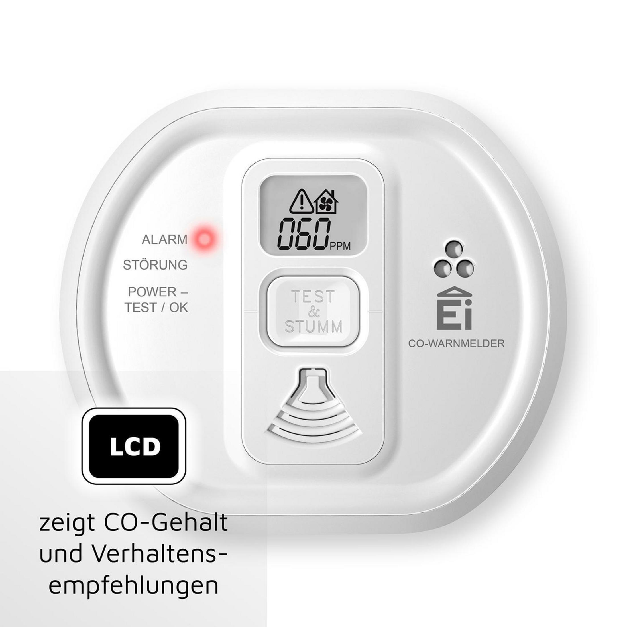 Weißer CO-Warnmelder mit Digitalanzeige, zeigt 060PPM. Rotes Licht oben, LCD-Etikett.