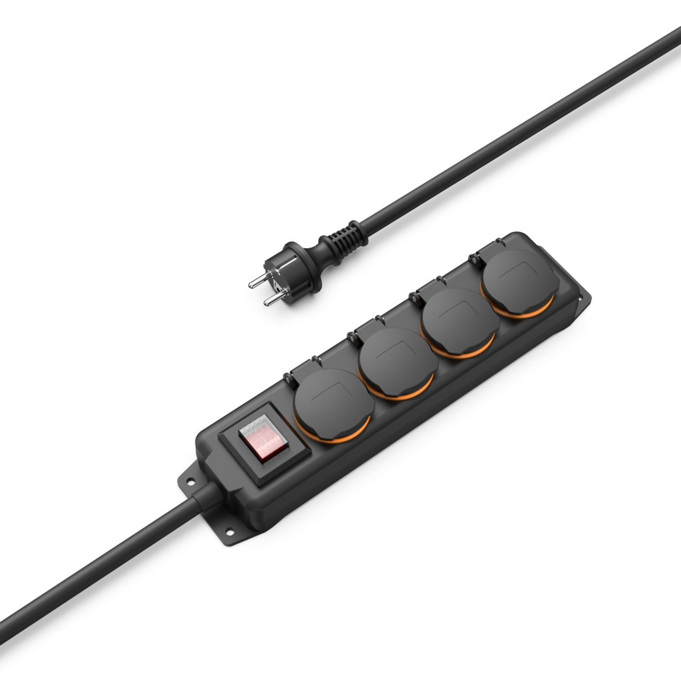 Czarna listwa zasilająca z czterema gniazdami, pomarańczowymi akcentami i czerwonym włącznikiem. Kabel i wtyczka.