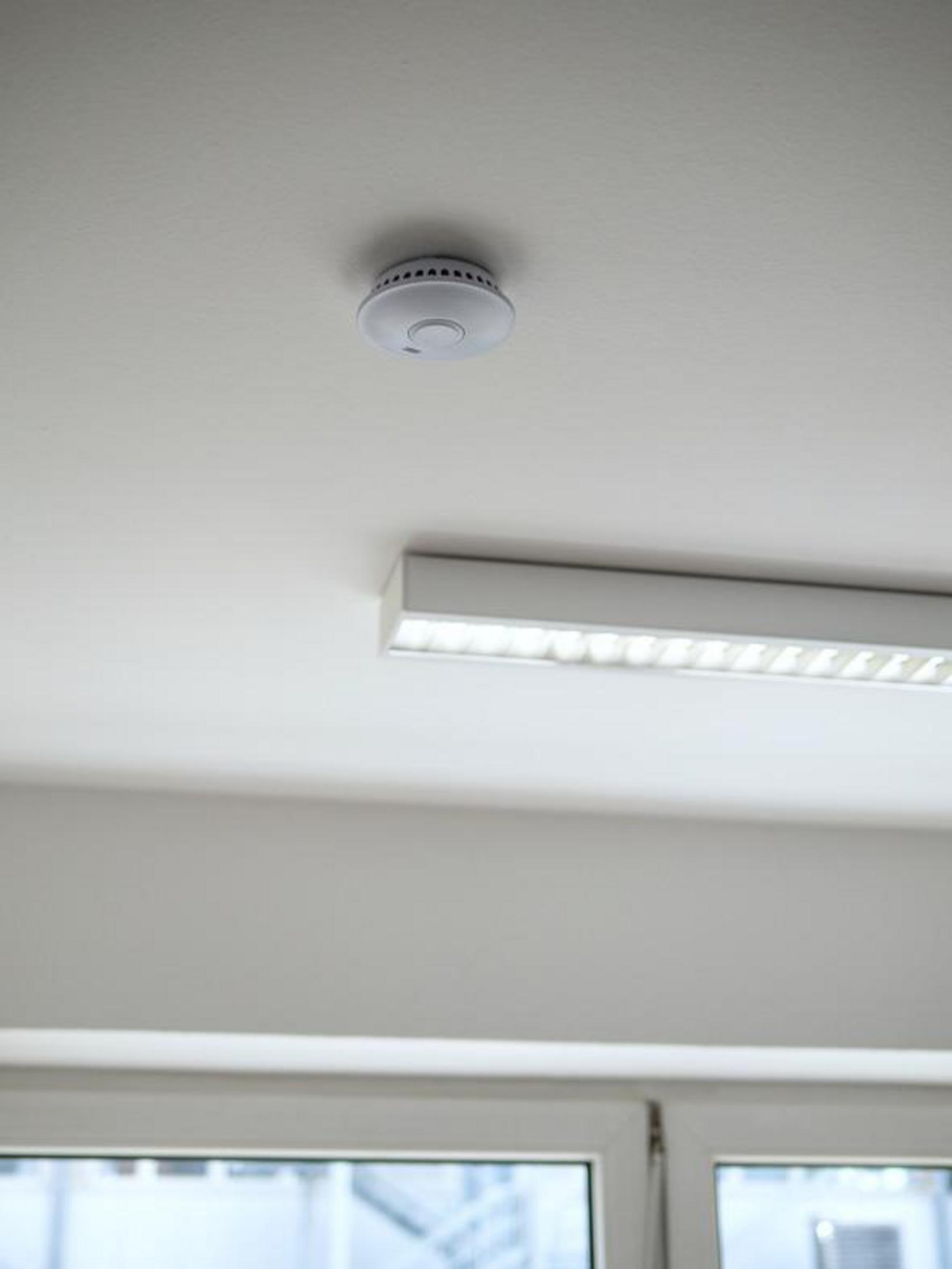 Un techo blanco con un detector de humo y una lámpara larga y blanca.