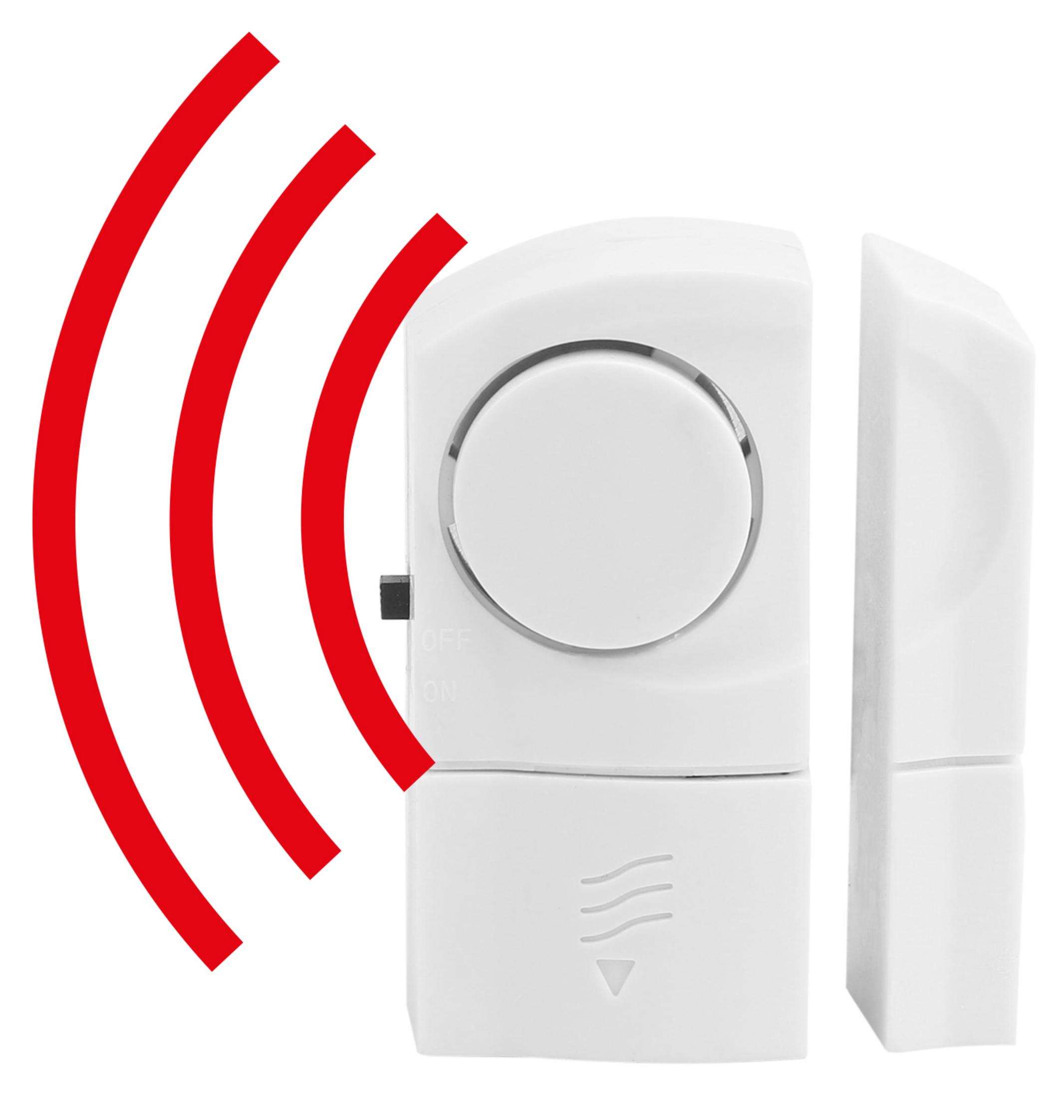 Białe urządzenie alarmowe z czerwonymi symbolami fal. Alarm jest podzielony na dwie części.