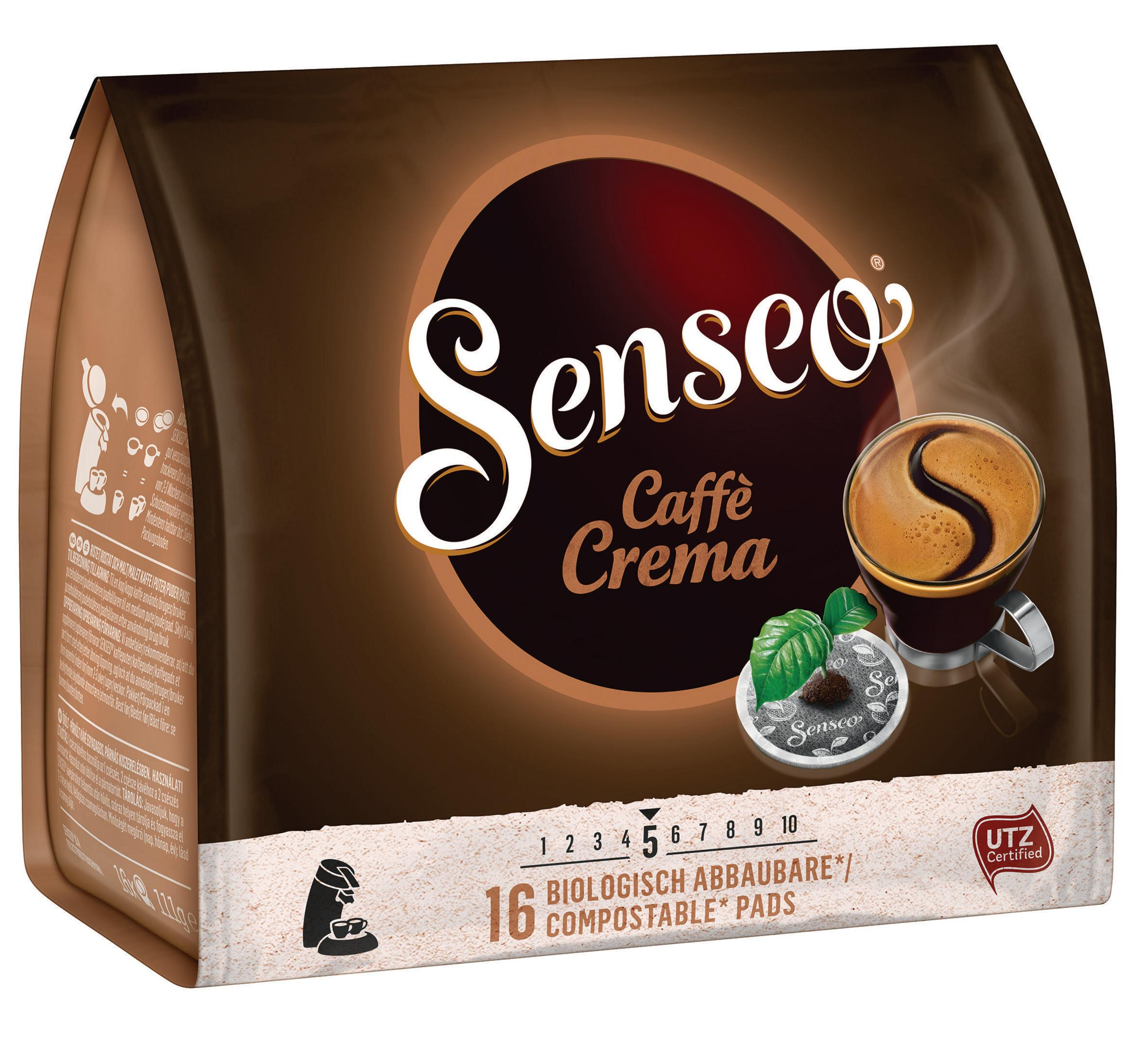 Confezione di cialde di caffè Senseo, confezione marrone con immagine di tazza, sfondo bianco.