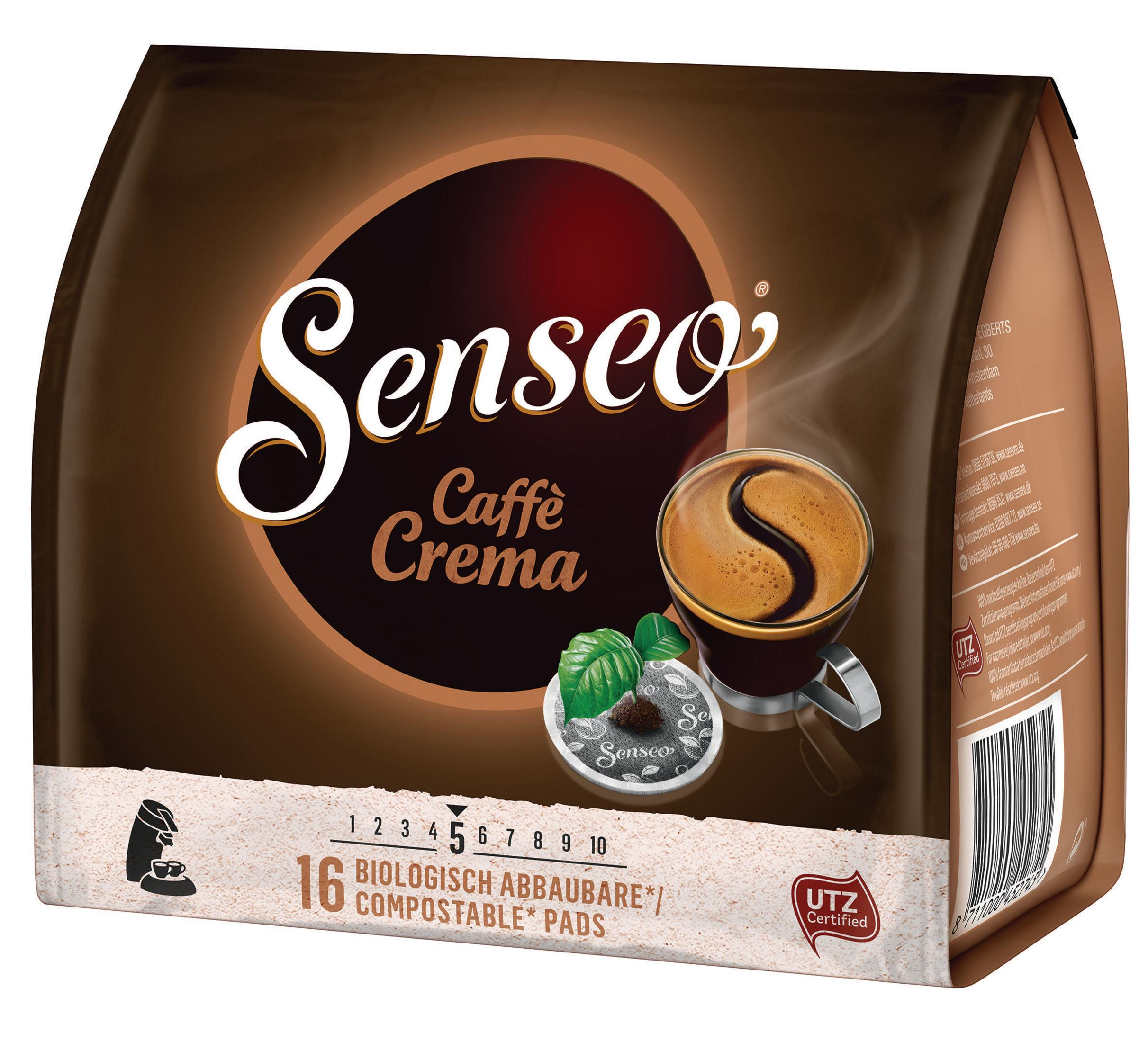 Una confezione di cialde di caffè Senseo Caffe Crema, che mostra caffè e vapore.