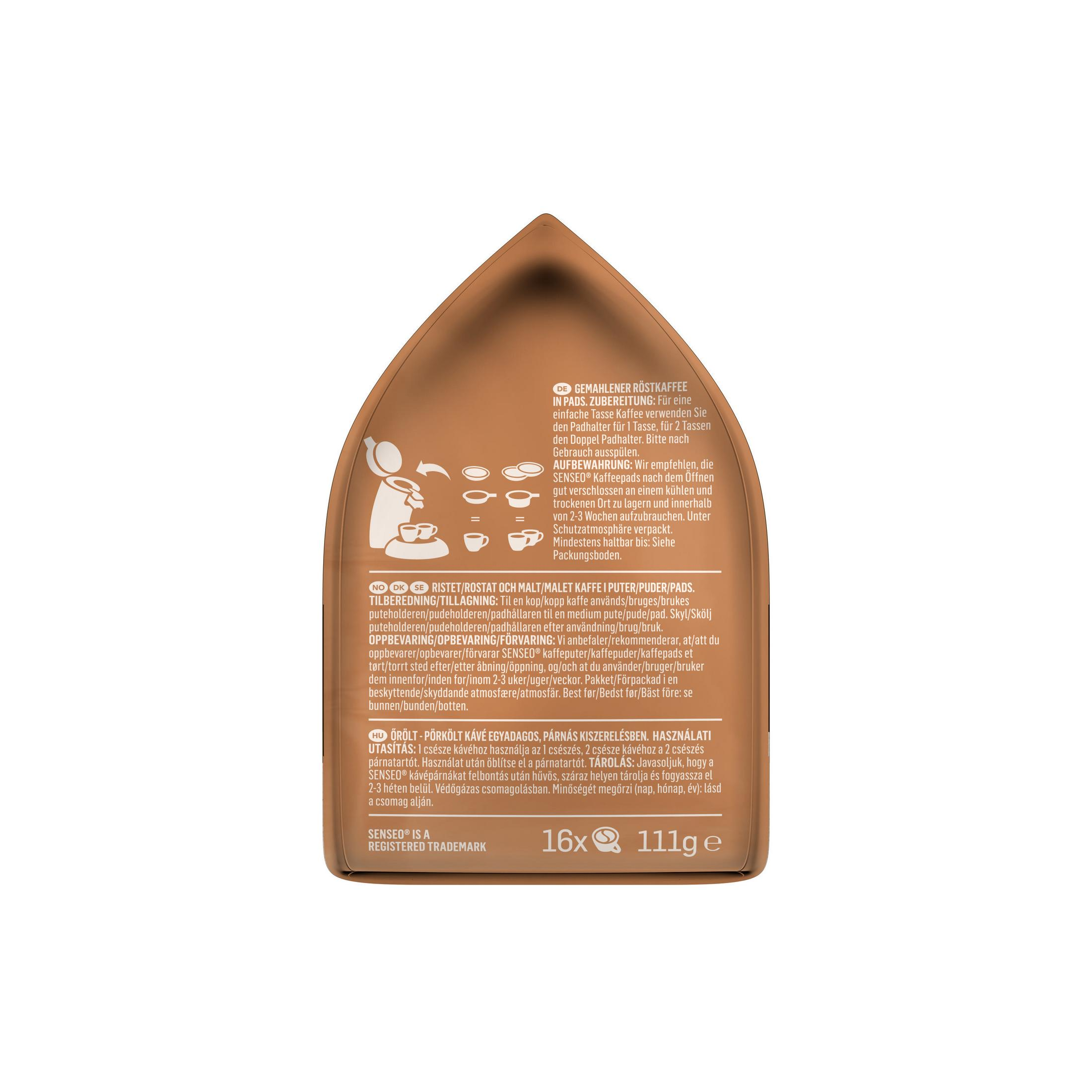 Confezione di caffè marrone con testo e illustrazioni. Etichetta 16x111g.
