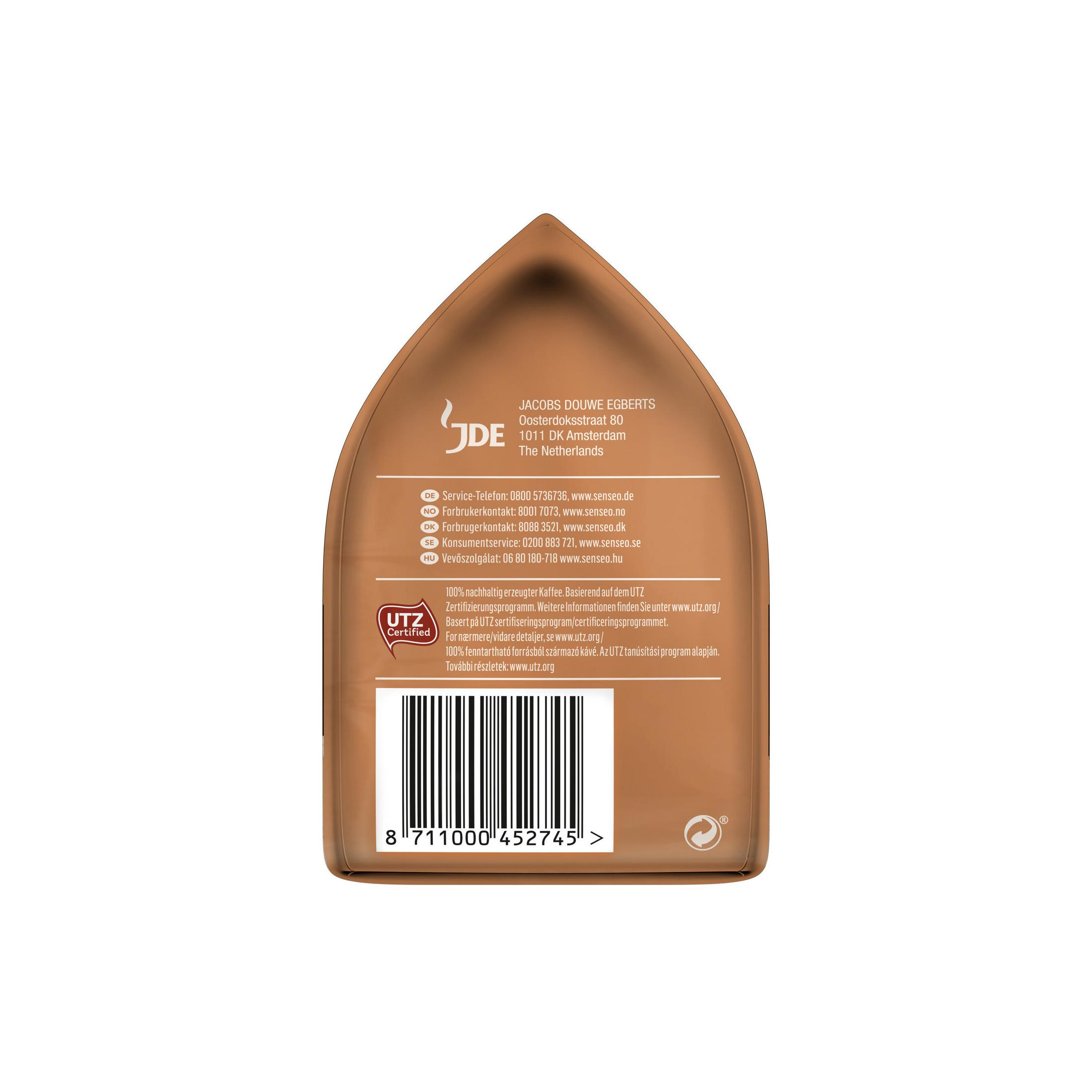 Confezione di caffè marrone con testo, codice a barre e logo UTZ certificato.