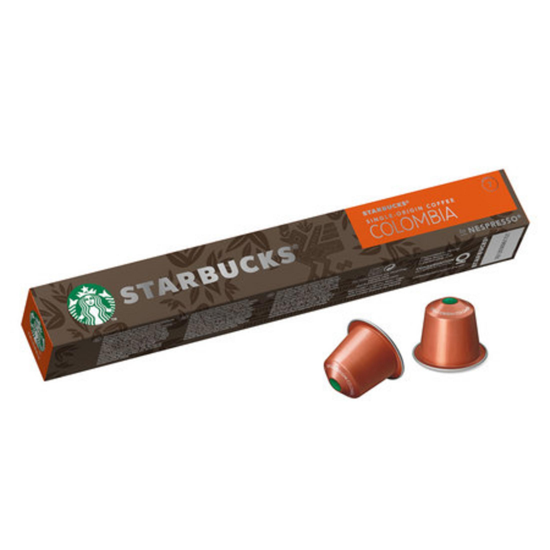 Eine Schachtel mit Starbucks Kaffeepads mit zwei Pads auf weißem Hintergrund.