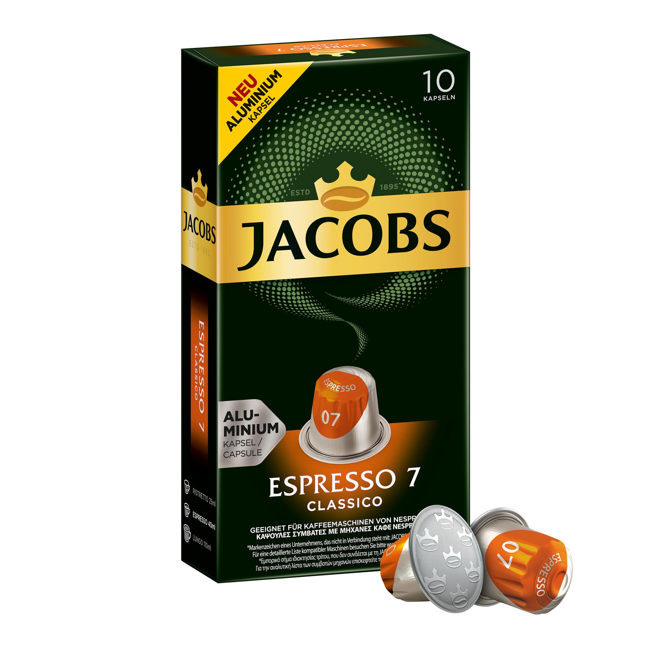 Scatola di capsule Jacobs Espresso 7. Scatola verde, capsule arancioni e argentate.