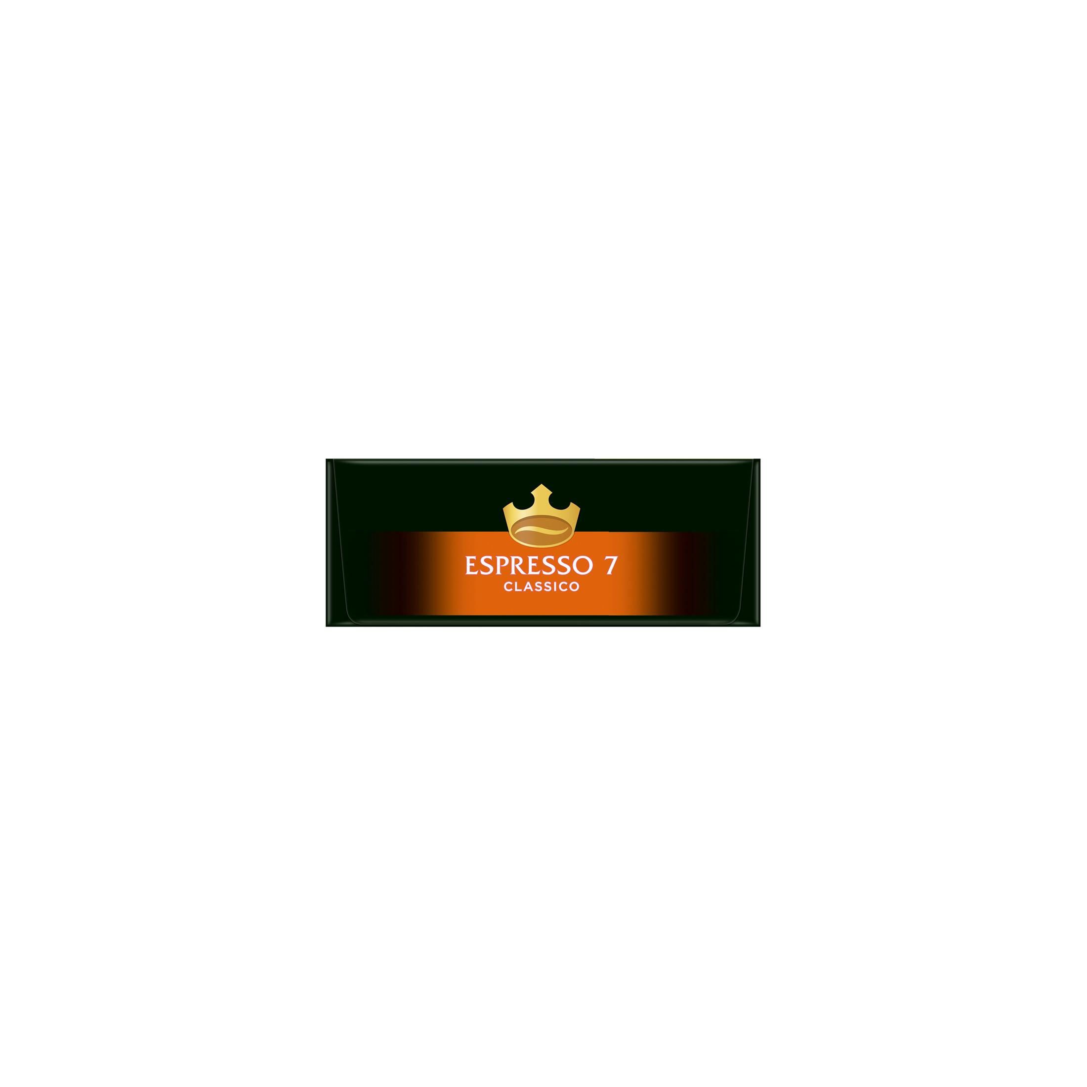 Scatola di caffè con le parole 'Espresso 7 Classico' e una corona dorata su sfondo scuro.
