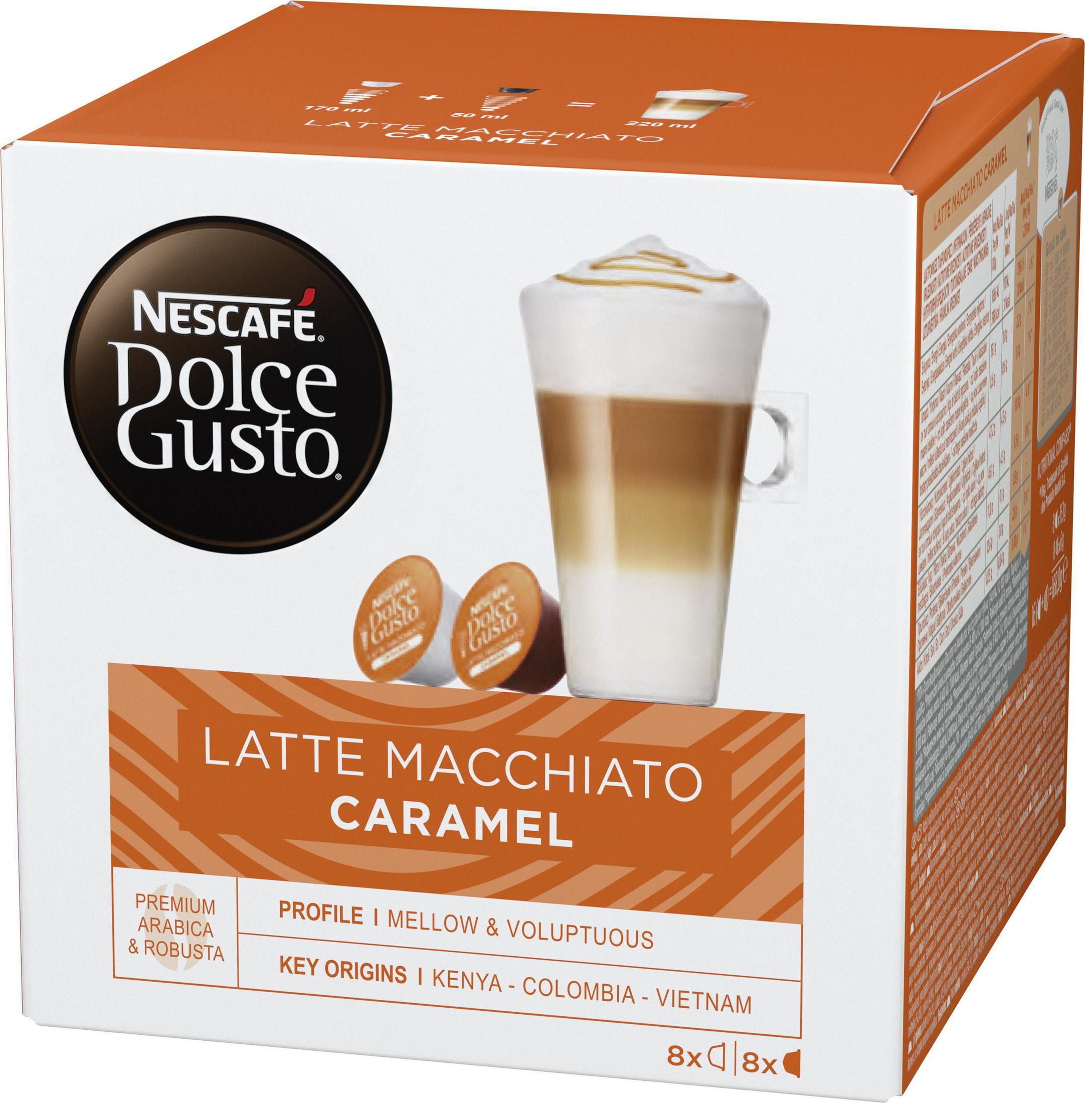 Eine Kaffeebox mit Latte Macchiato Karamell. Die Box ist orange und weiß.