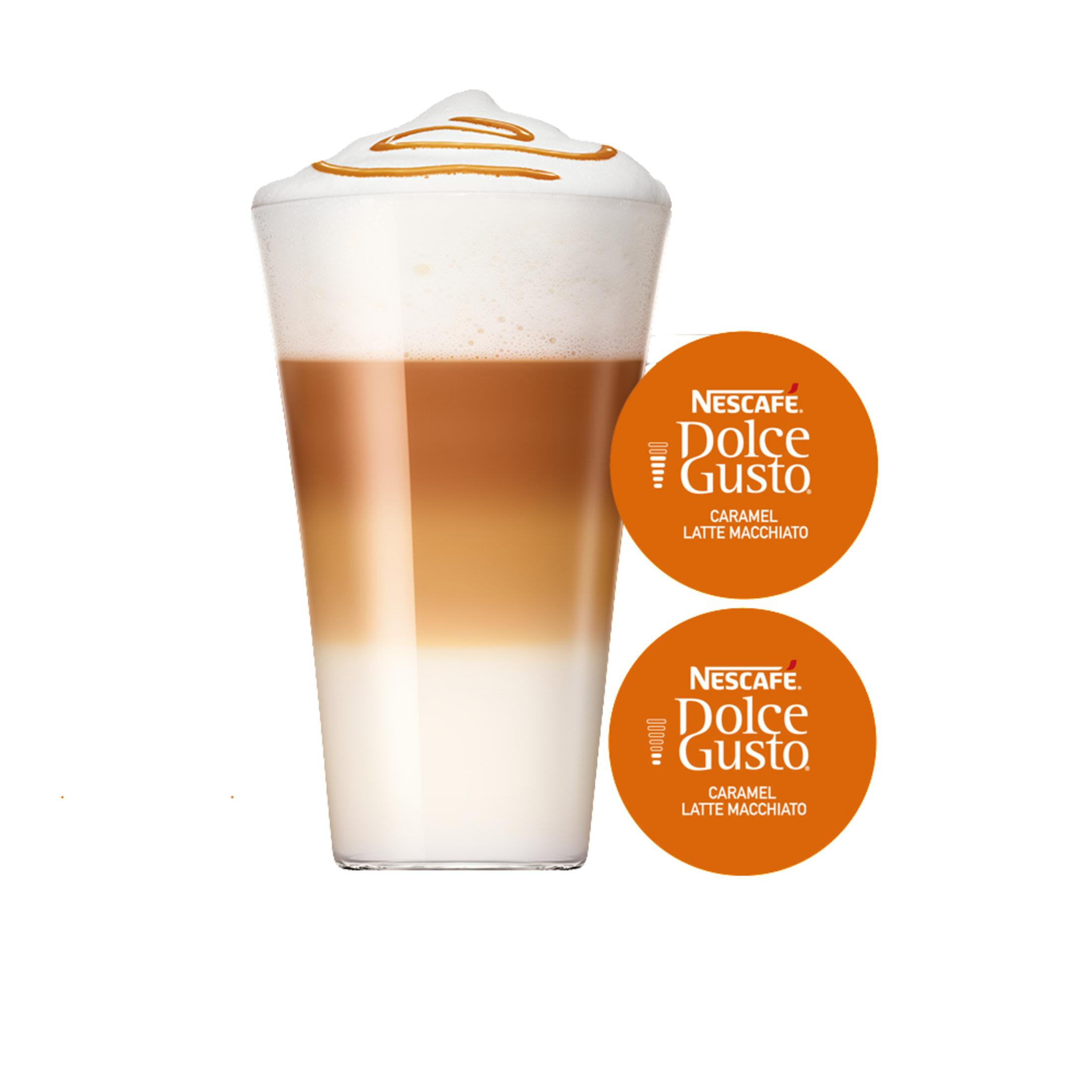 Glas Karamell Latte Macchiato mit zwei Dolce Gusto Kapseln.