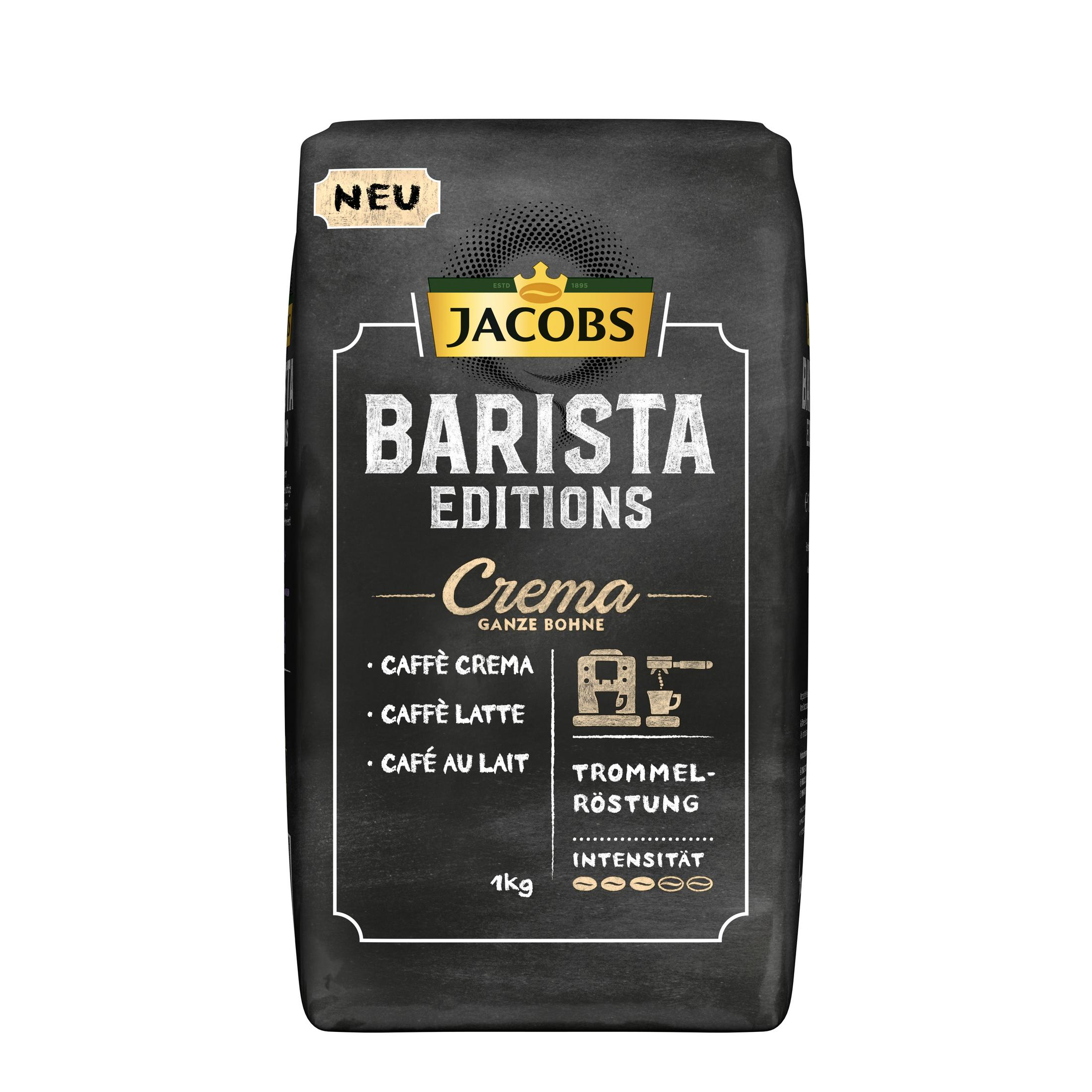 Schwarzer Kaffeebeutel. Das Etikett besagt Jacobs Barista Editions, Crema und andere Texte.