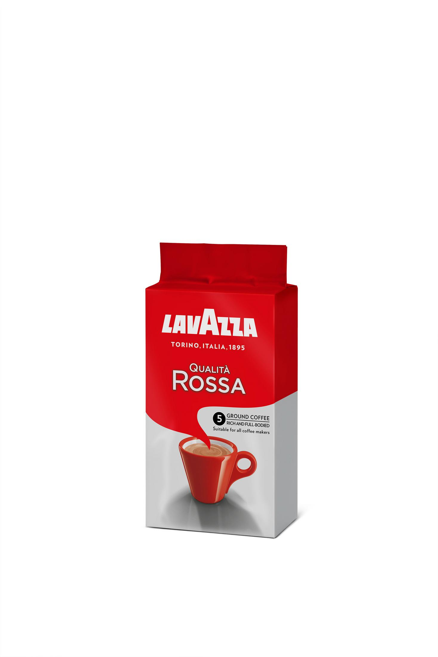 Confezione di caffè rosso Lavazza Qualita Rossa con illustrazione di tazza. Sfondo bianco.