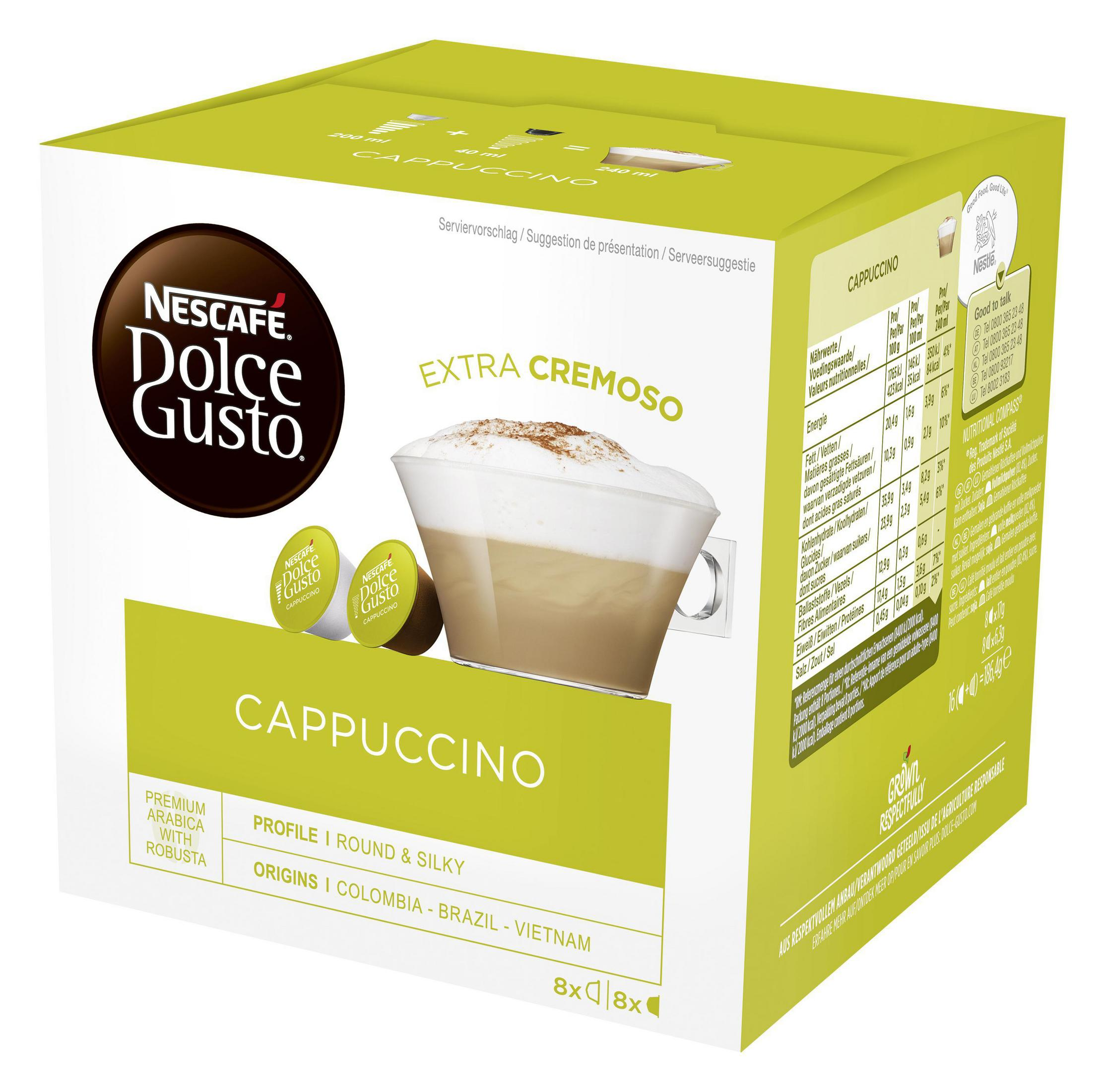 Scatola verde di capsule cappuccino Nescafé Dolce Gusto, con illustrazione di tazza e testo.