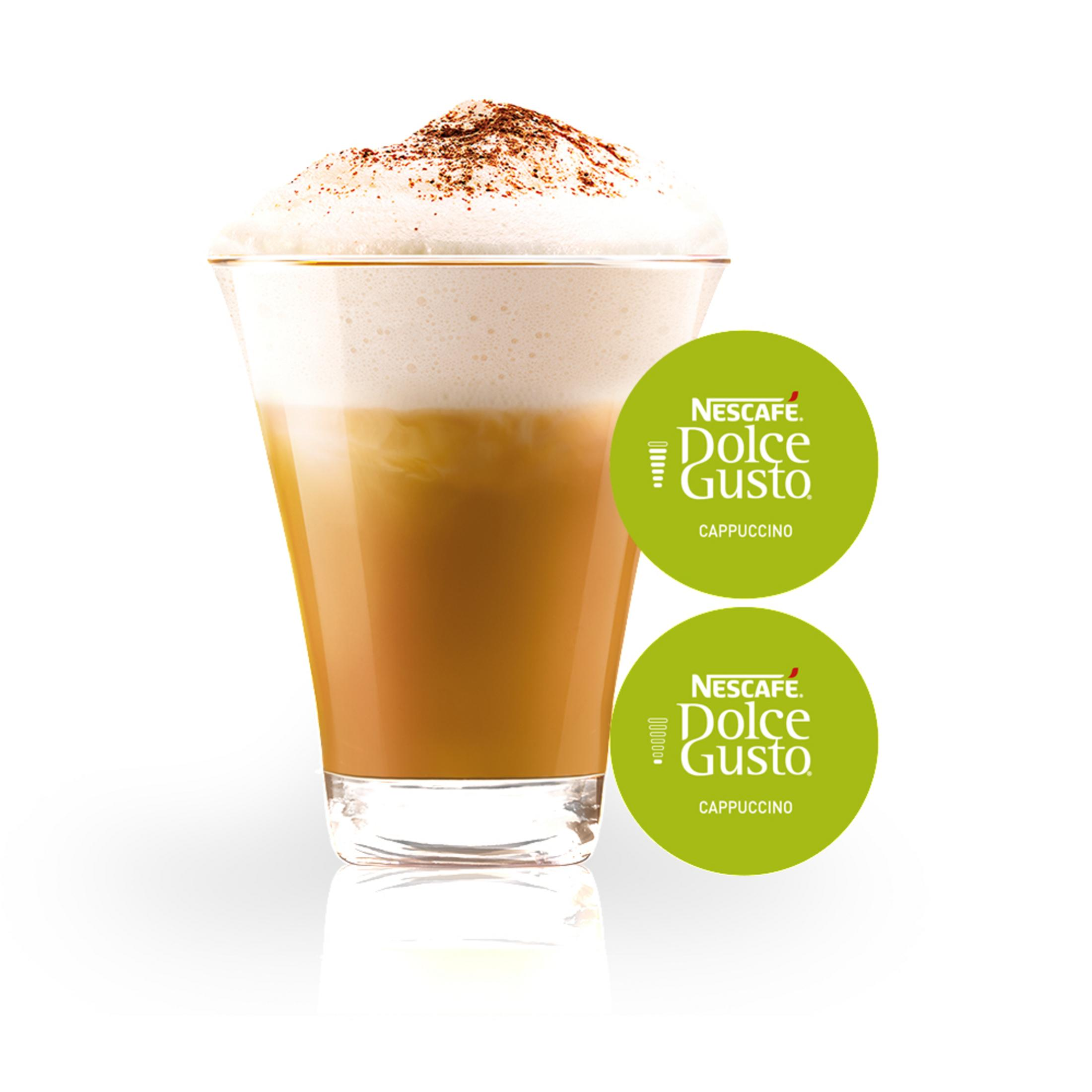 Nescafe Dolce Gusto cappuccino in un bicchiere con schiuma, due cerchi logo, sfondo bianco.