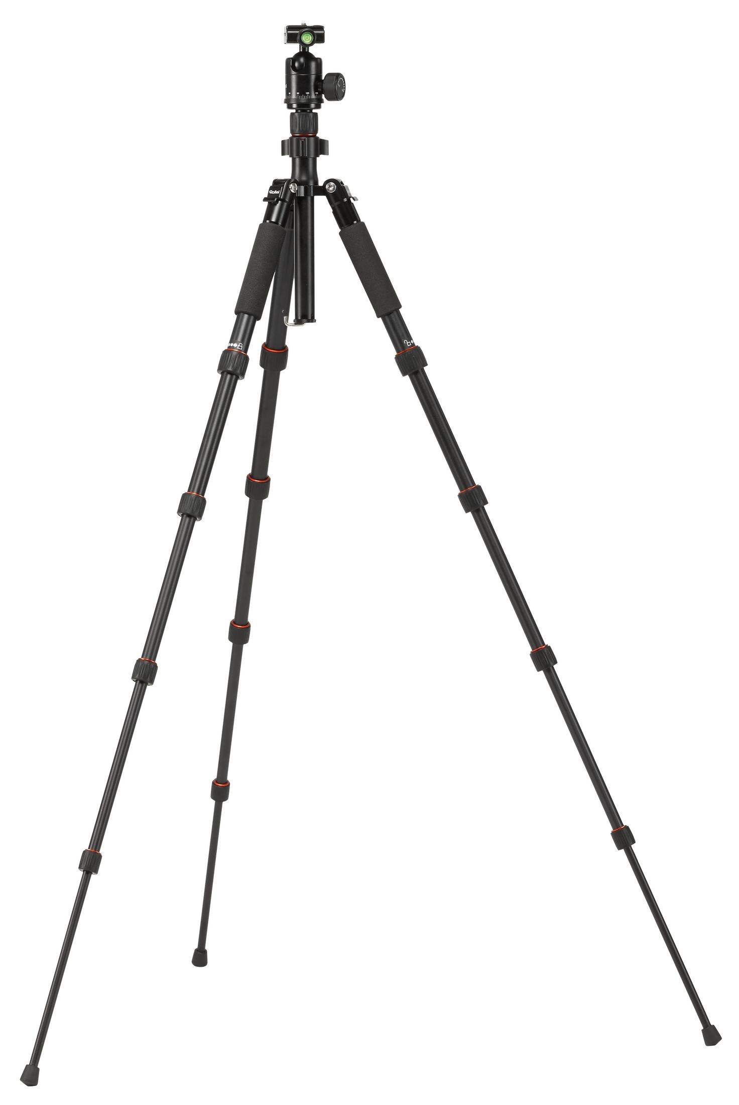 Czarny statyw z rozłożonymi nogami. Nogi na białym tle. Głowica z pokrętłami regulacyjnymi.