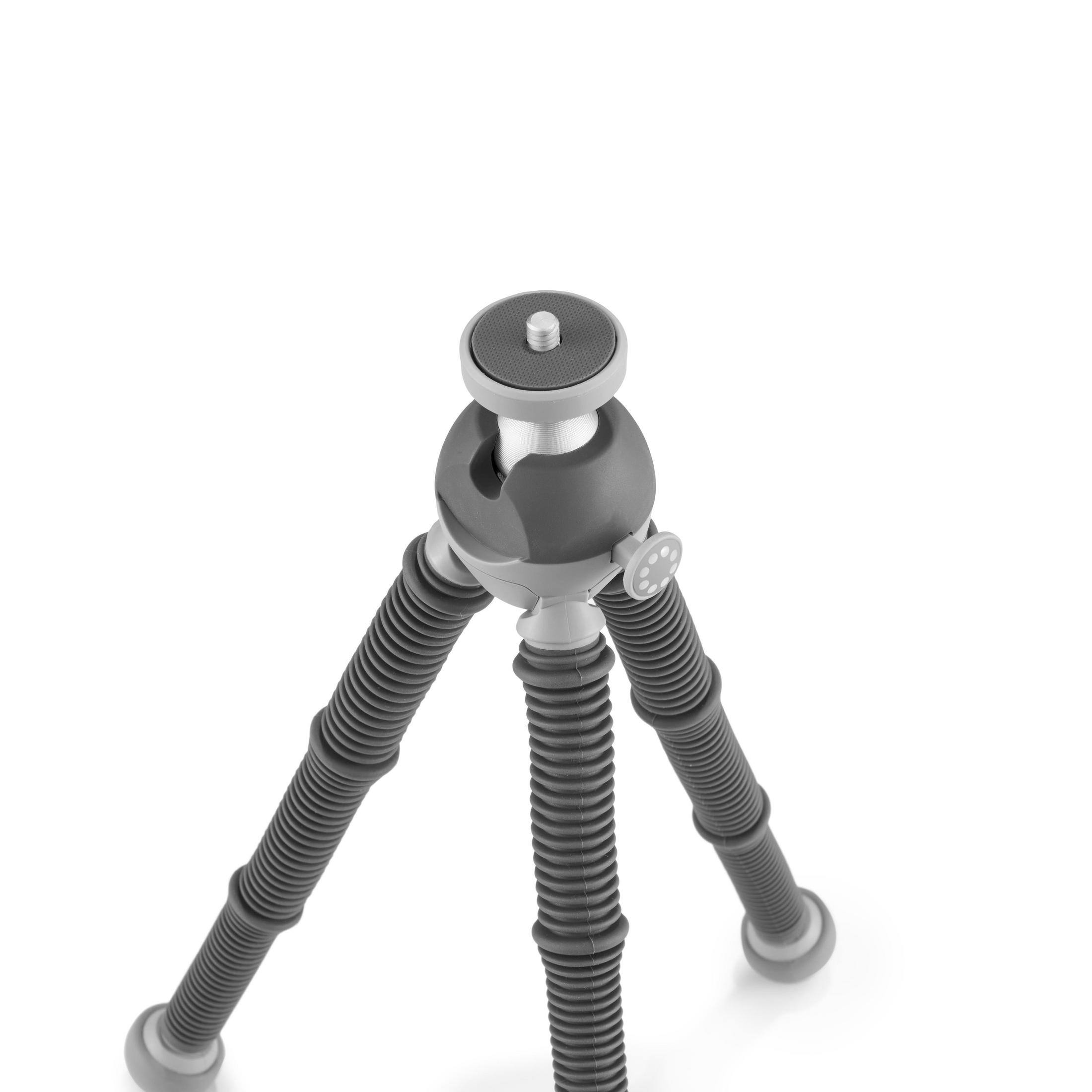 Trépied gris flexible avec rotule et trois pieds sur fond blanc.