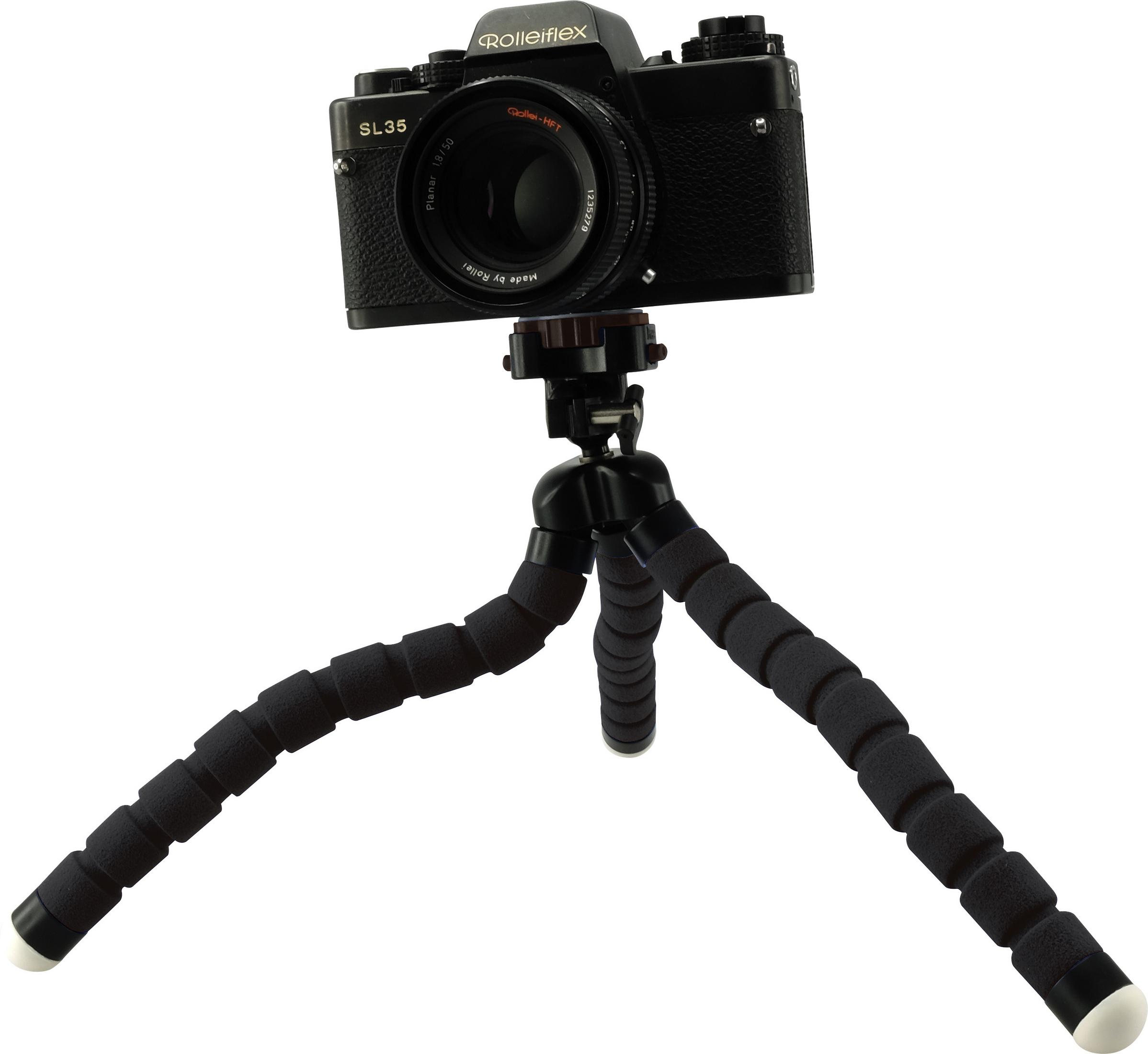 Czarny aparat na elastycznym statywie z czarnymi piankowymi nogami.