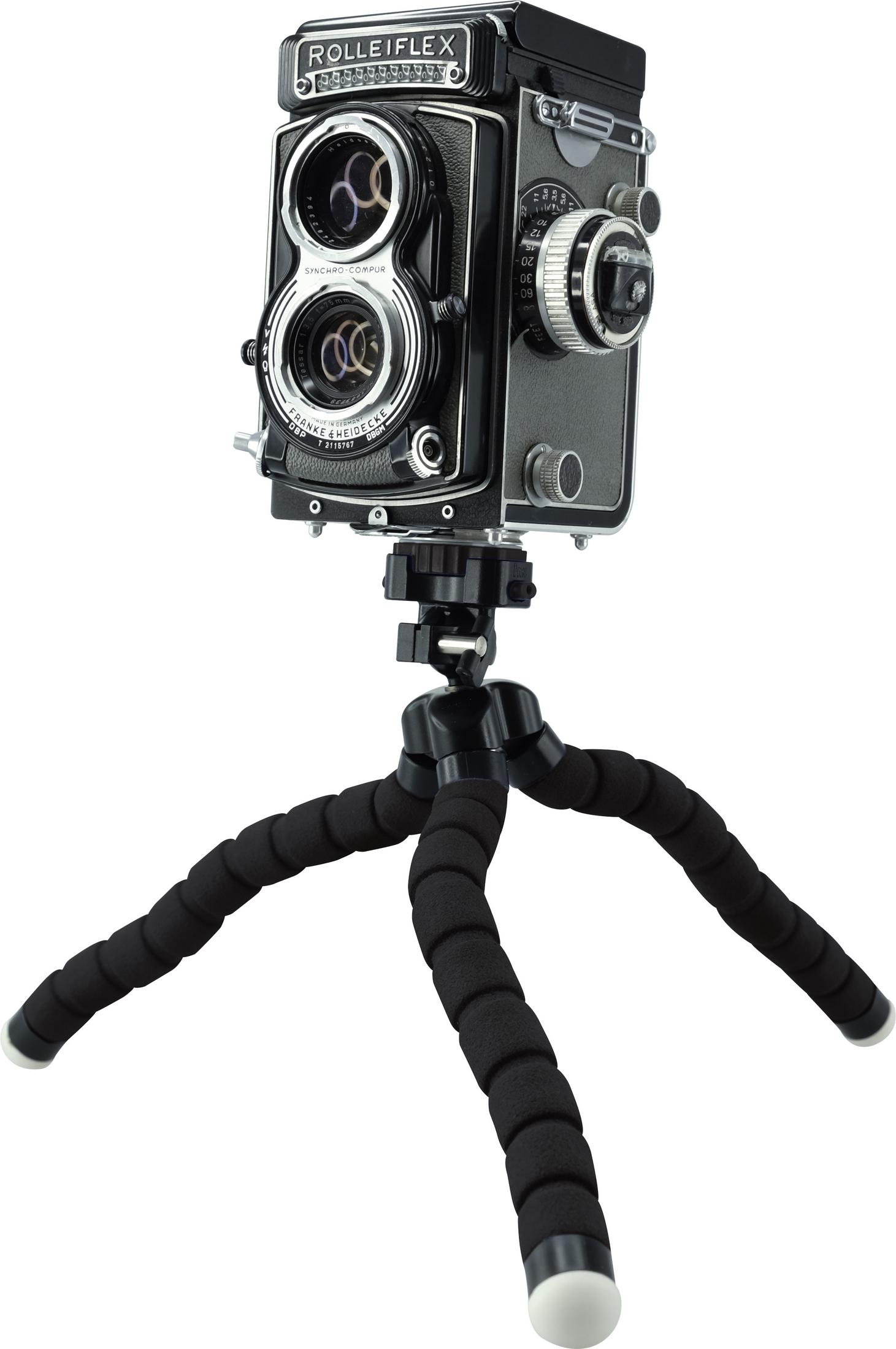 Czarno-szary aparat Rolleiflex znajduje się na elastycznym statywie.