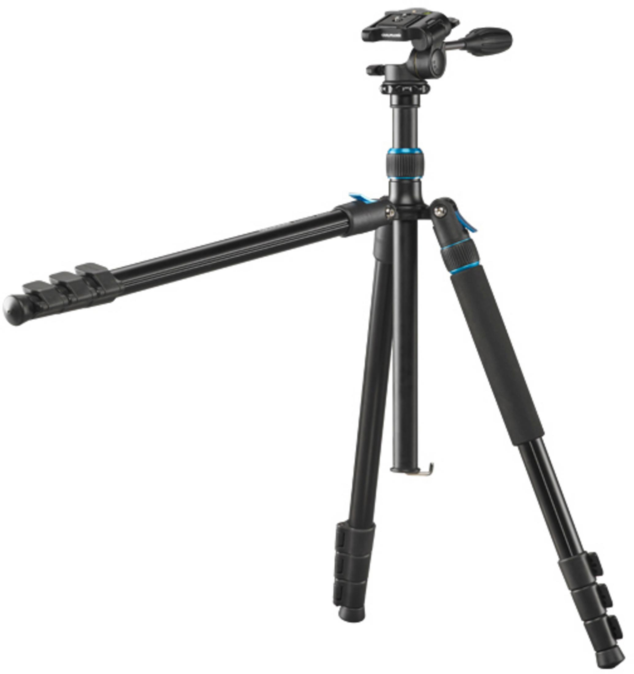 Czarny statyw z niebieskimi akcentami i głowicą kamery.