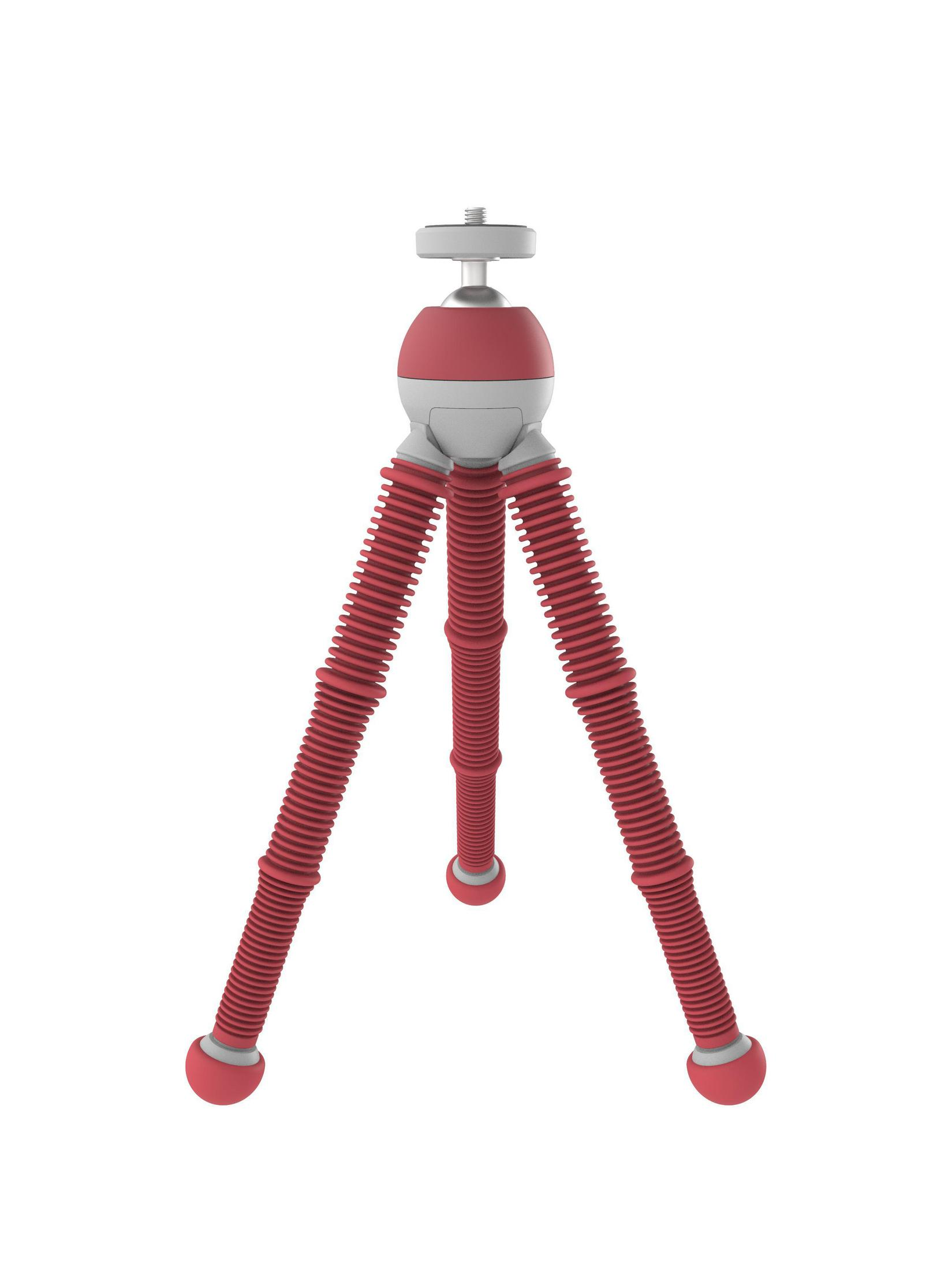 Rotes und graues flexibles Stativ mit drei Beinen, grauem Oberteil, weißer Hintergrund.