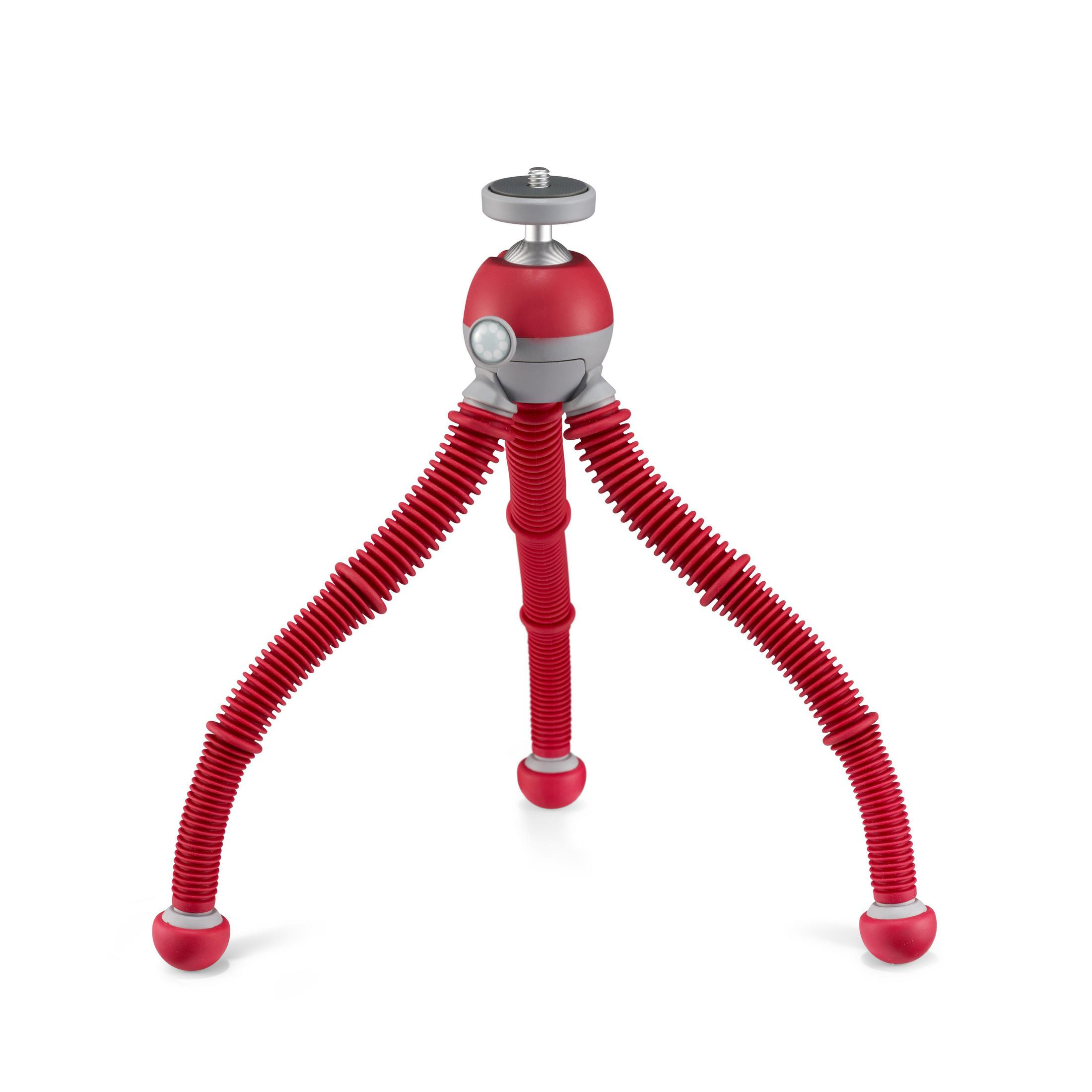 Rotes Stativ mit flexiblen Beinen auf weißem Hintergrund. Ein grauer Kopf oben.