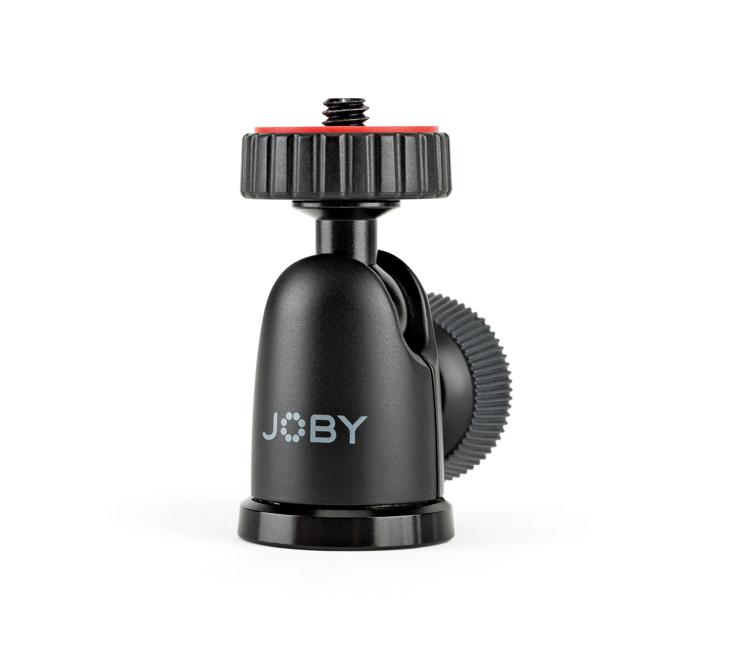 Schwarzer Joby Mini-Kugelkopf für ein Stativ, mit rotem Ring und schwarzer Schraube.