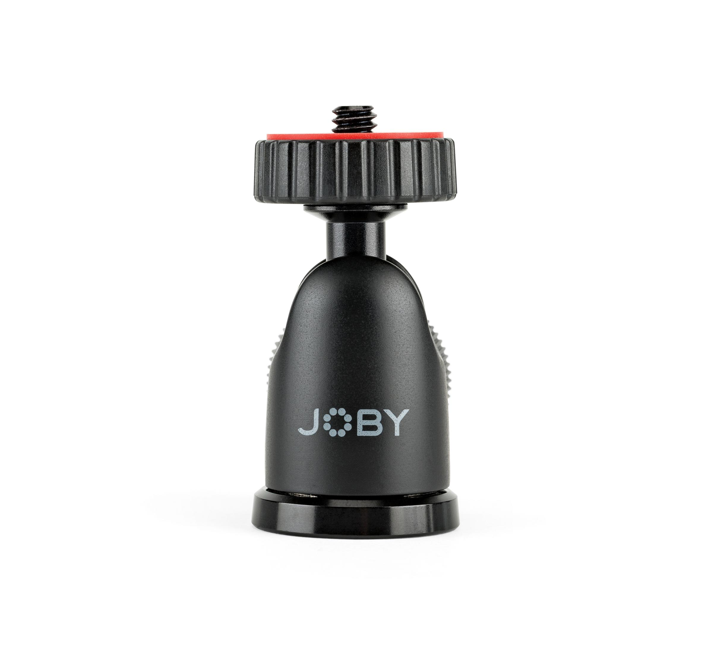 Schwarzer Stativkugelkopf. Roter Ring oben. JOBY-Text auf der Vorderseite.