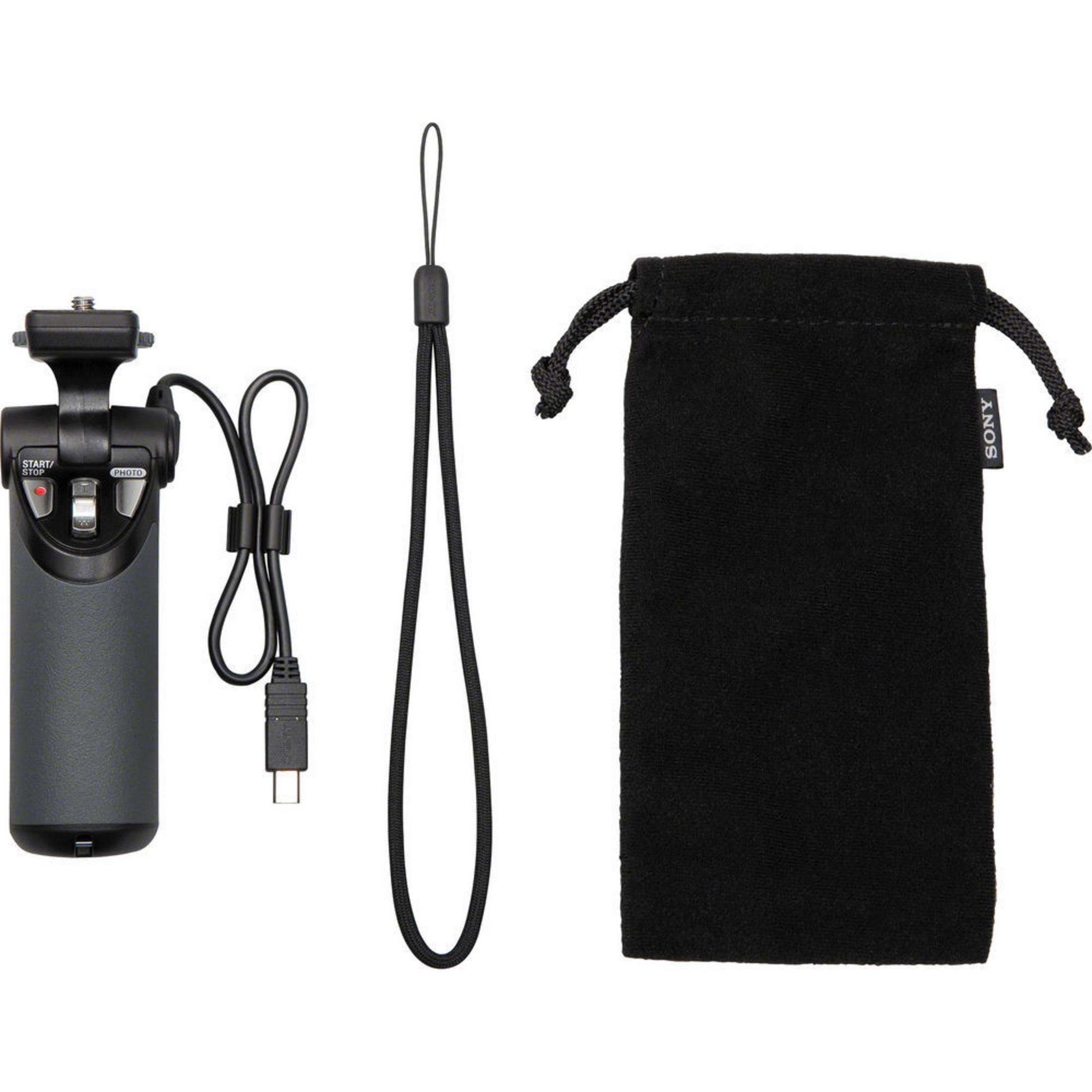 Empuñadura de cámara negra, cable USB y una bolsa negra con cordón.