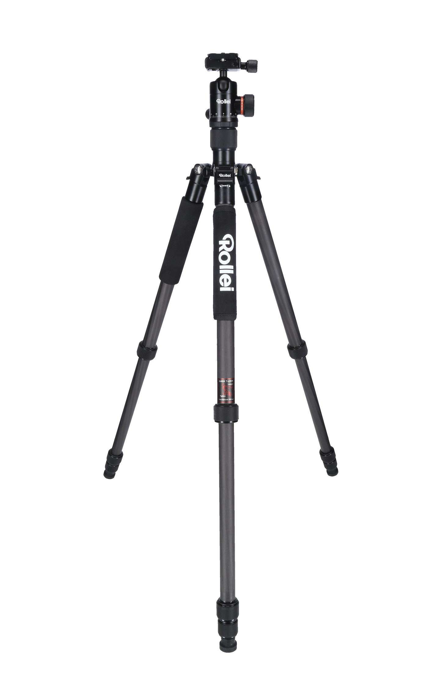 Czarny statyw z trzema nogami i mocowaniem do aparatu. Białe tło.