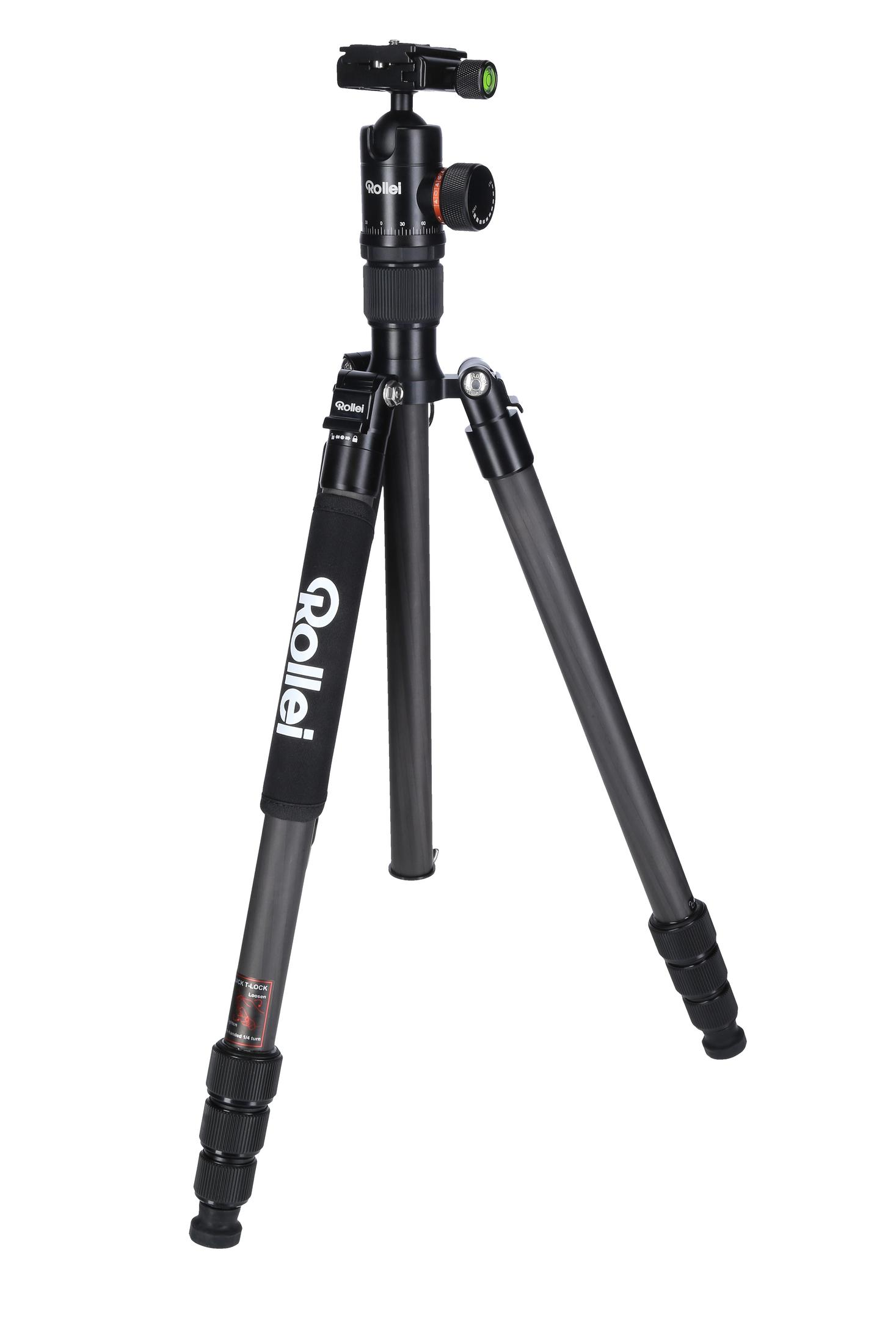 Czarny statyw z marką Rollei i białym tłem.