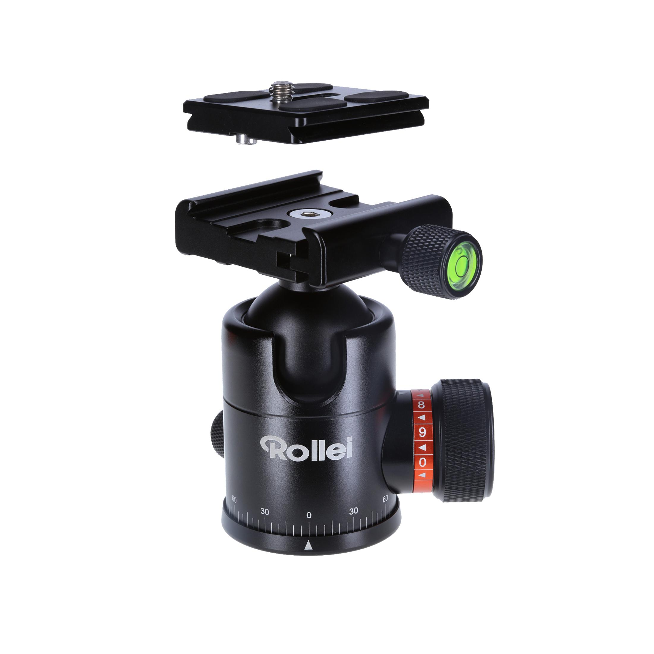 Czarna głowica kulowa statywu Rollei. Jest umieszczona z płytką szybkiego montażu na górze.