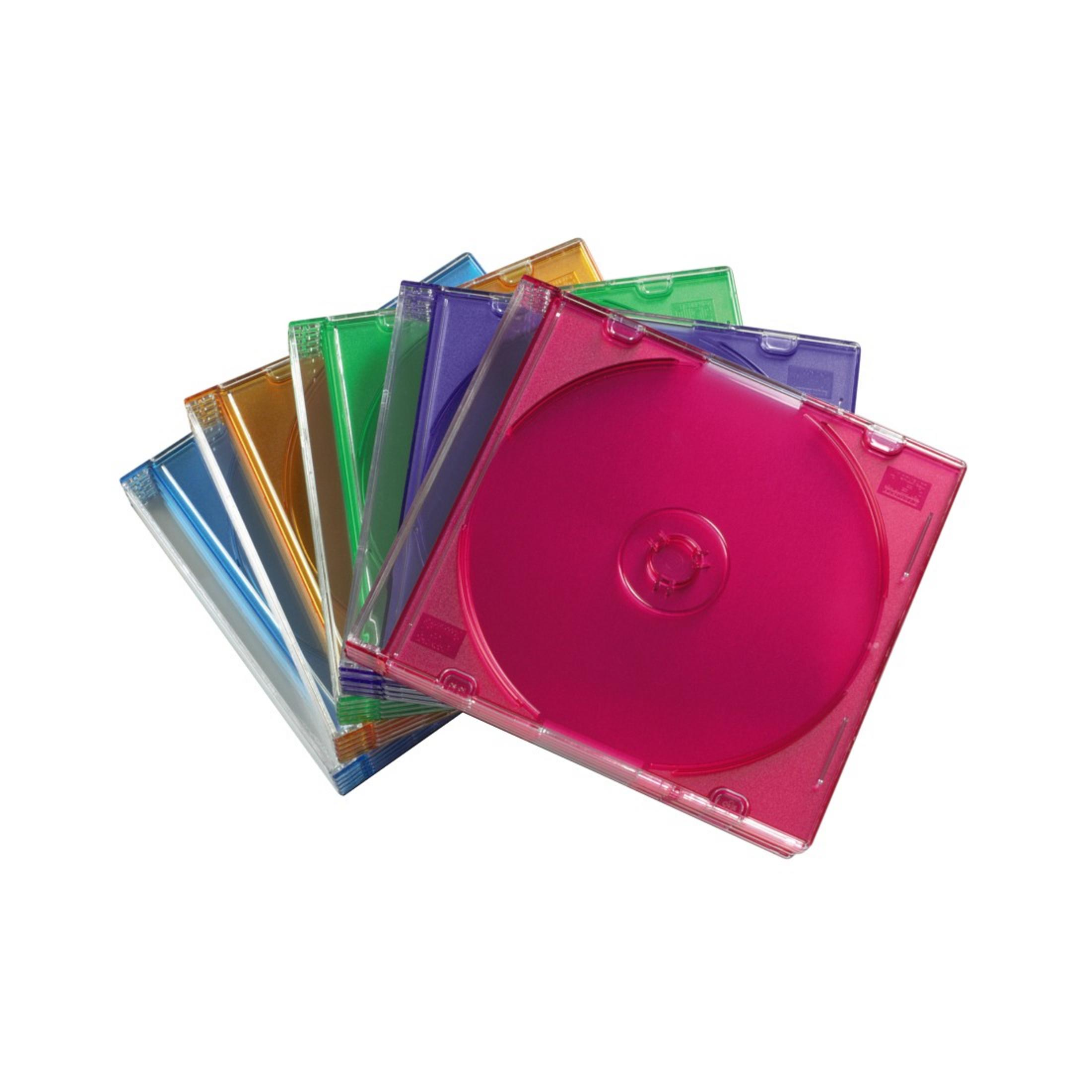 Ein Stapel bunter CD-Hüllen, fächerförmig, mit einer pinkfarbenen obenauf.