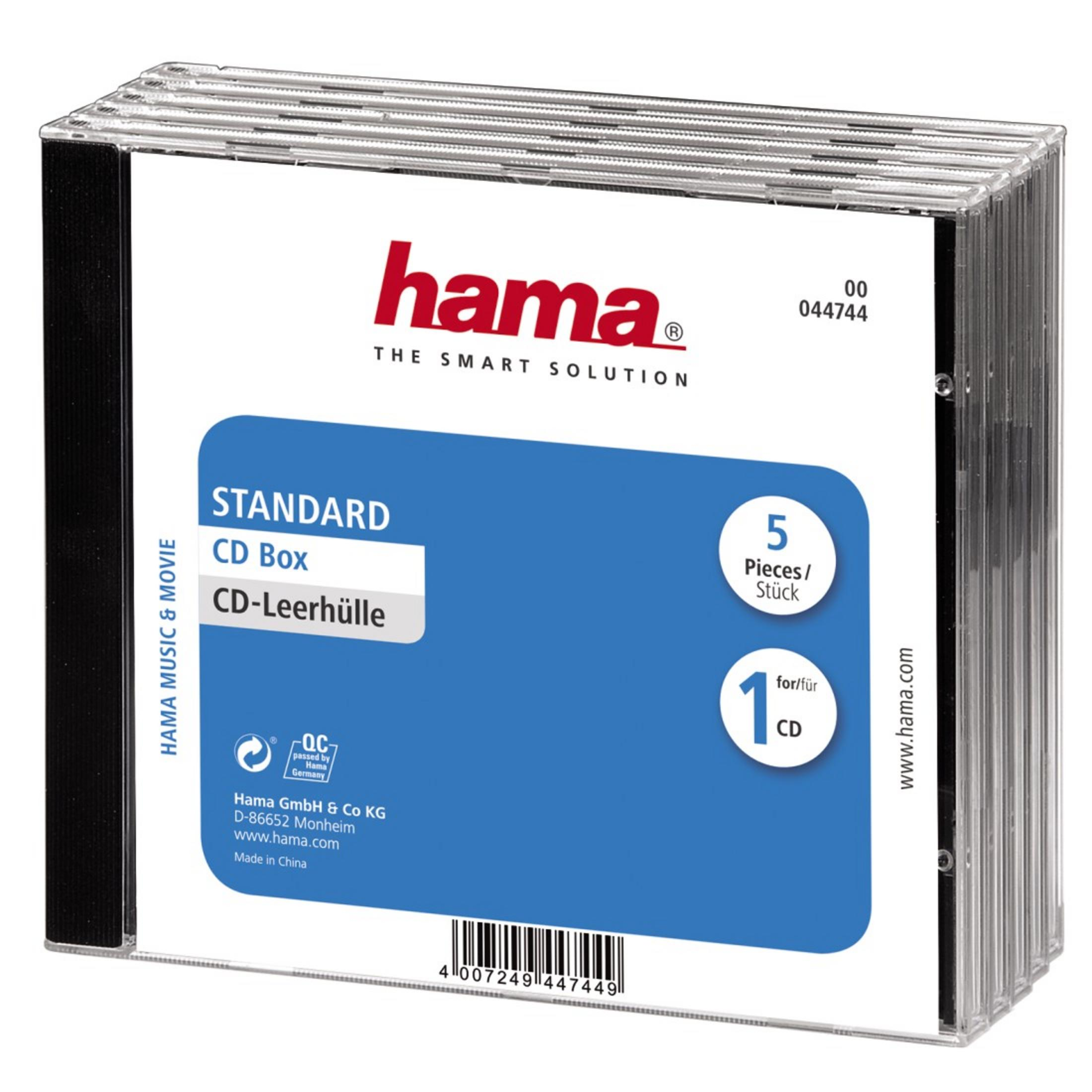 Stos pudełek na płyty CD z etykietami i logo Hama.