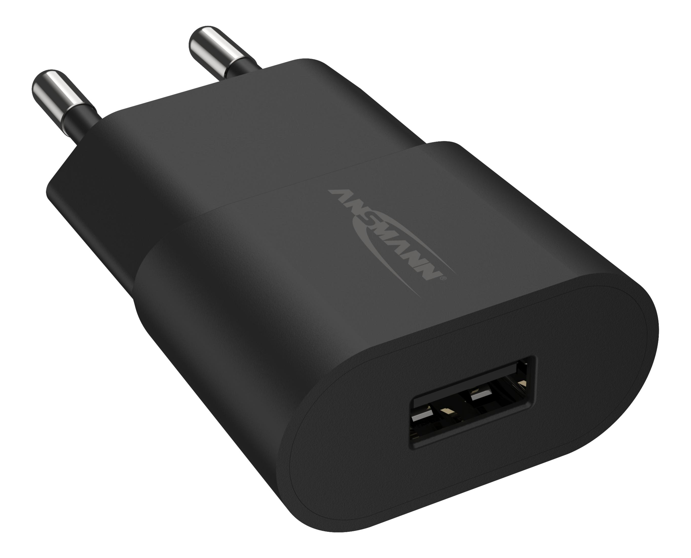 Caricabatterie USB nero con due spine e il marchio ANSMANN scritto sopra.
