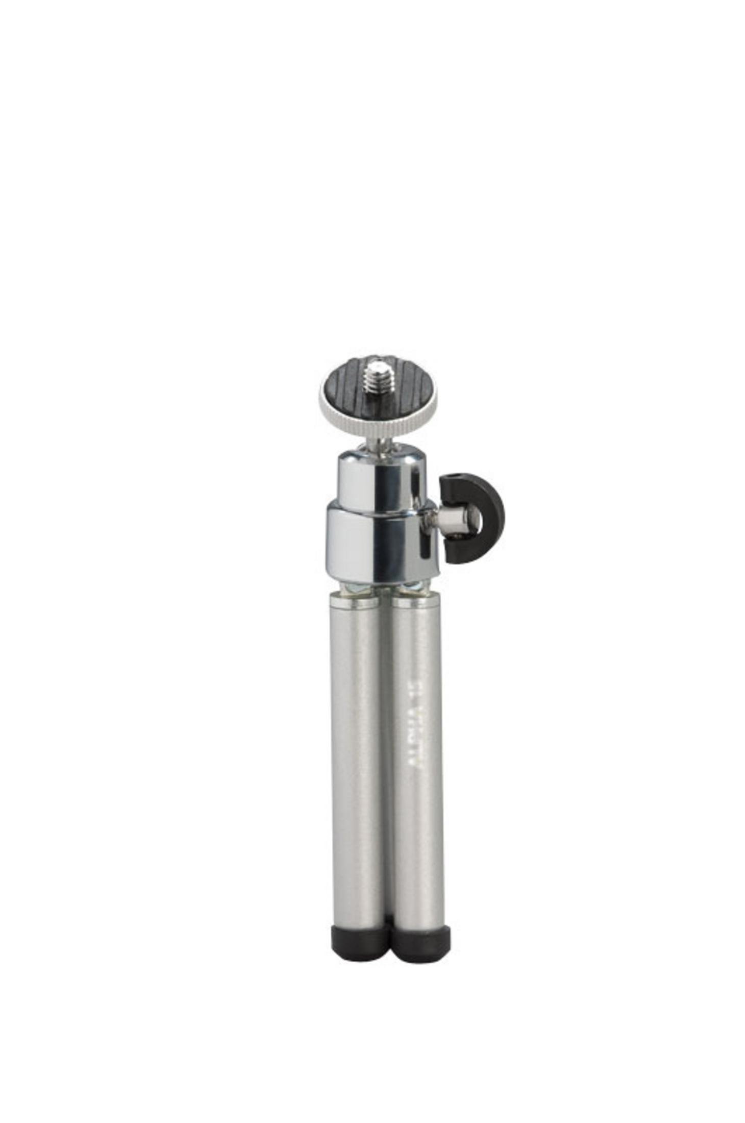 Small, silver tripod with black rubber feet. It is on a white background. ALPHA 35 is written on it.
