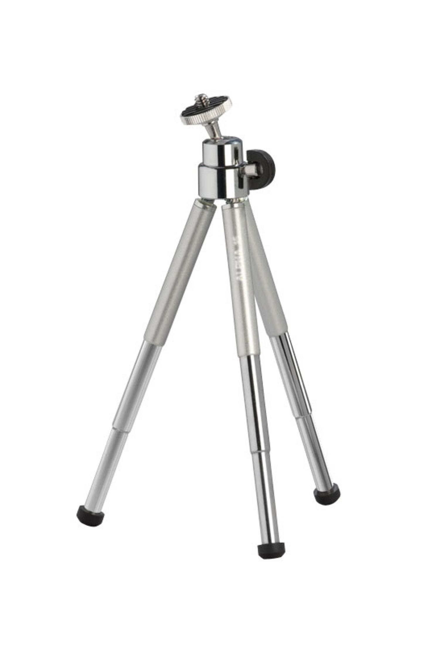 Small silver tripod with adjustable legs and a mount for a camera or phone. White background.