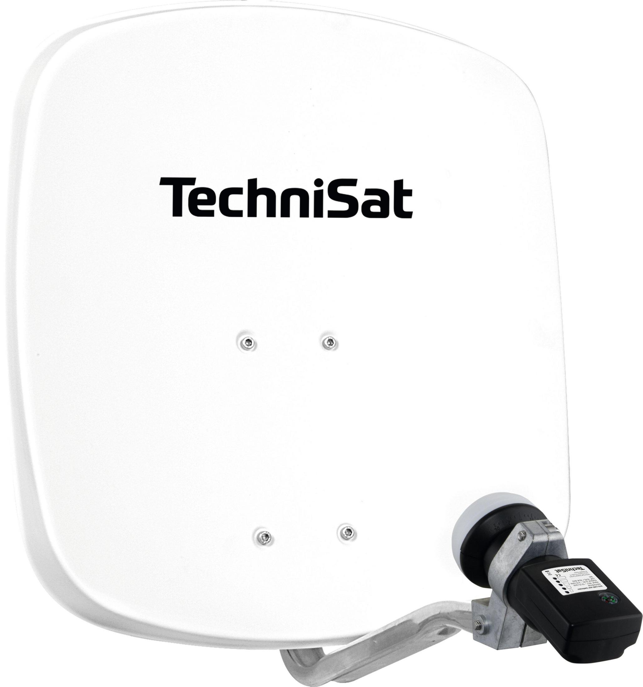 Weiße Satellitenschüssel mit 'TechniSat' darauf geschrieben. Rechts ist ein schwarzer Teil befestigt.