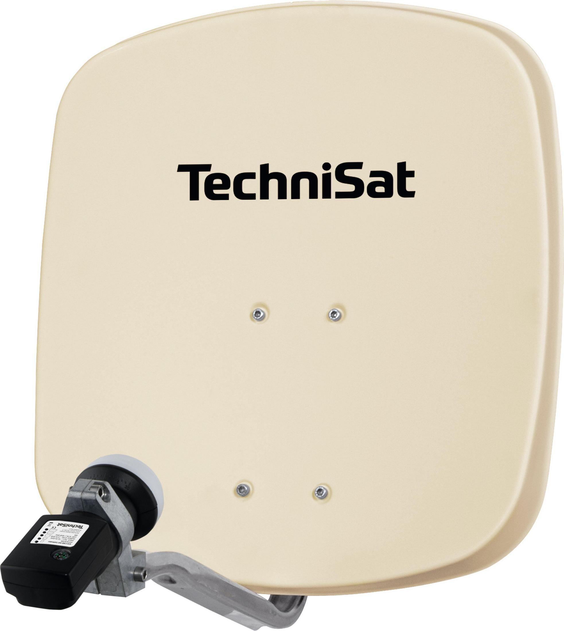 Satellitenschüssel mit TechniSat-Logo. Links ein schwarzer Empfänger.