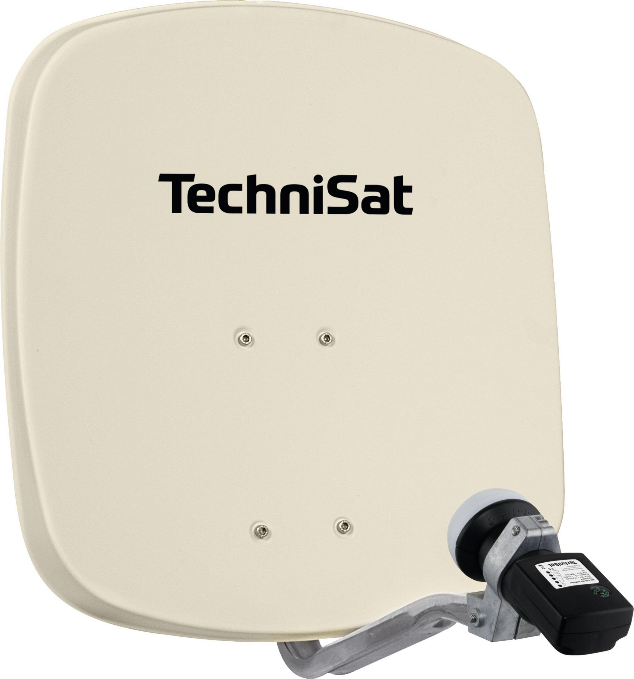 Cremefarbene Satellitenschüssel mit schwarzem LNB und dem Wort TechniSat.