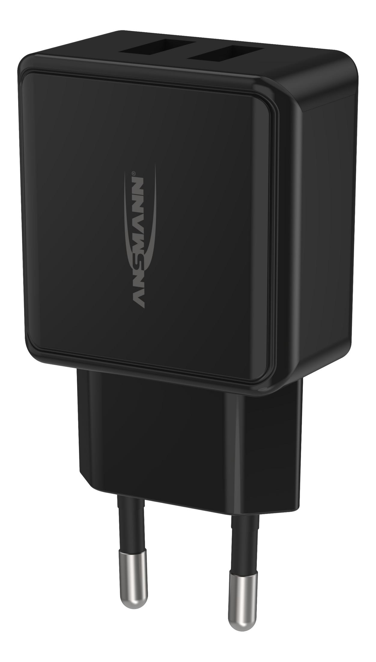 Schwarzes Dual-USB-Ladegerät mit dem Markennamen ANSMANN. Das Ladegerät hat zwei Stiftstecker.
