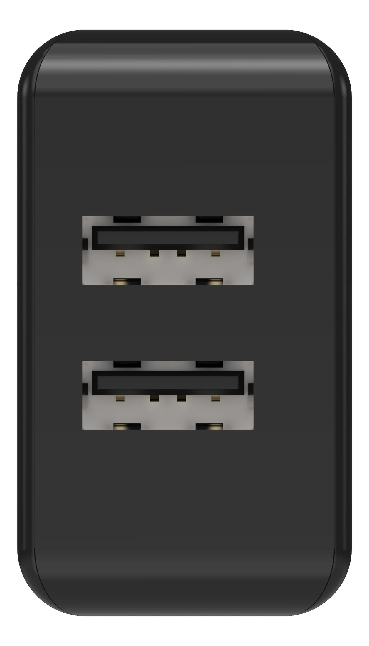 Ein schwarzes USB-Ladegerät mit zwei USB-Anschlüssen. Die Anschlüsse sind grau.