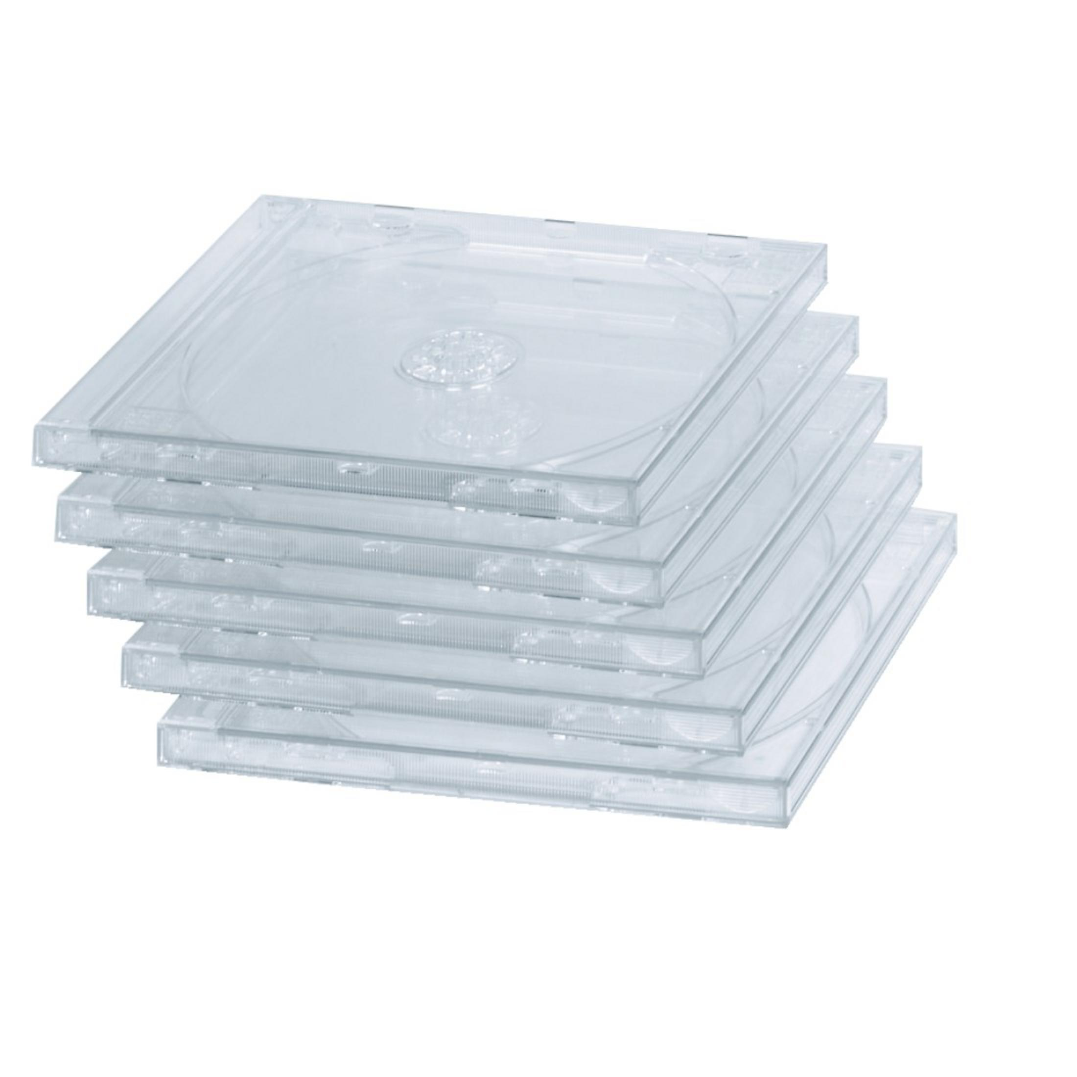 Stos przezroczystych etui na płyty CD. Każde etui jest przezroczyste, pokazując uchwyt na płytę CD w środku.