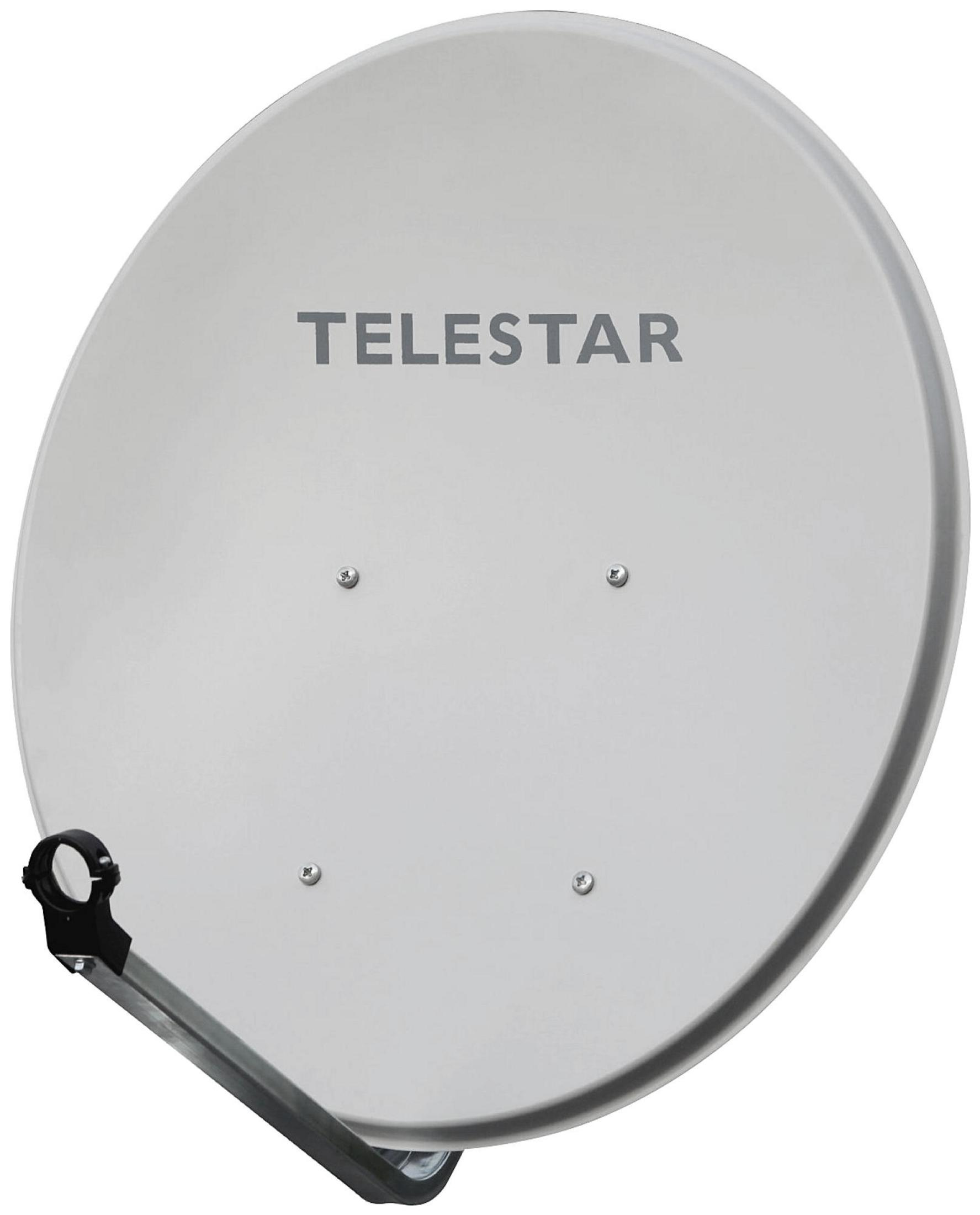 Eine silberne Satellitenschüssel mit dem Aufdruck 'TELESTAR'. Ein Montagearm ist angebracht.