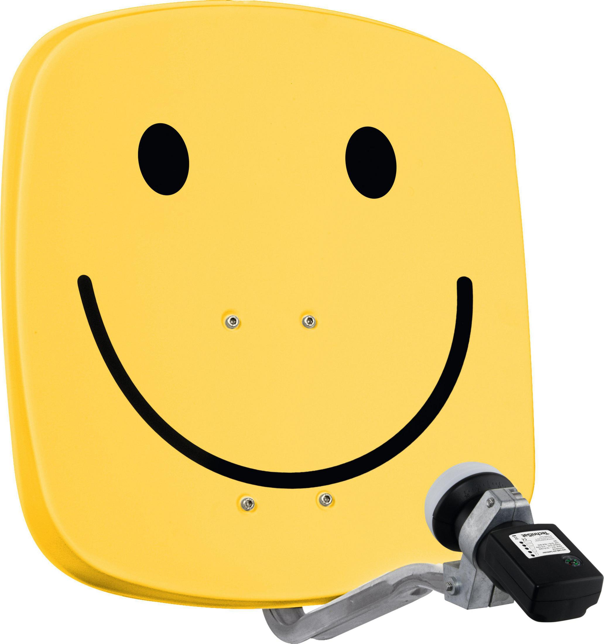 Gelbe Satellitenschüssel mit Smiley-Gesicht. Schwarze Augen und gebogener Mund. Empfänger.