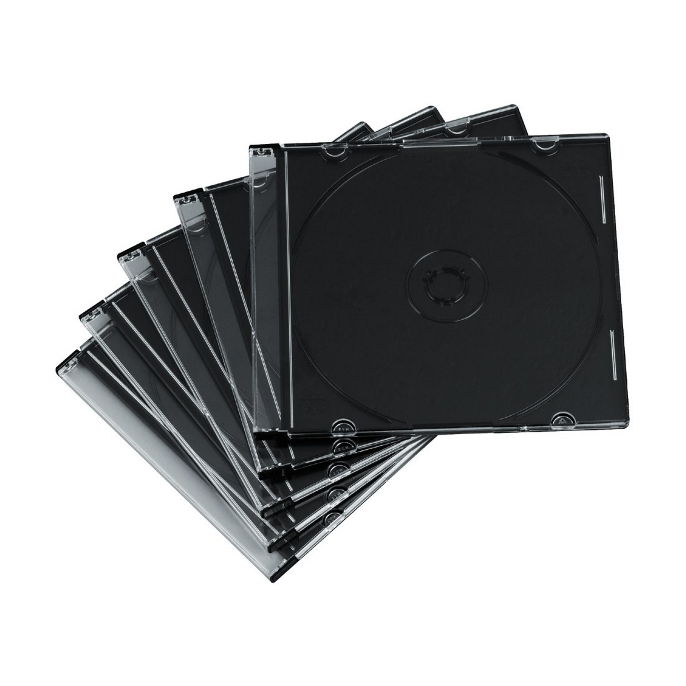Rozłożony wachlarzem stos czarnych pudełek na płyty CD na białym tle.