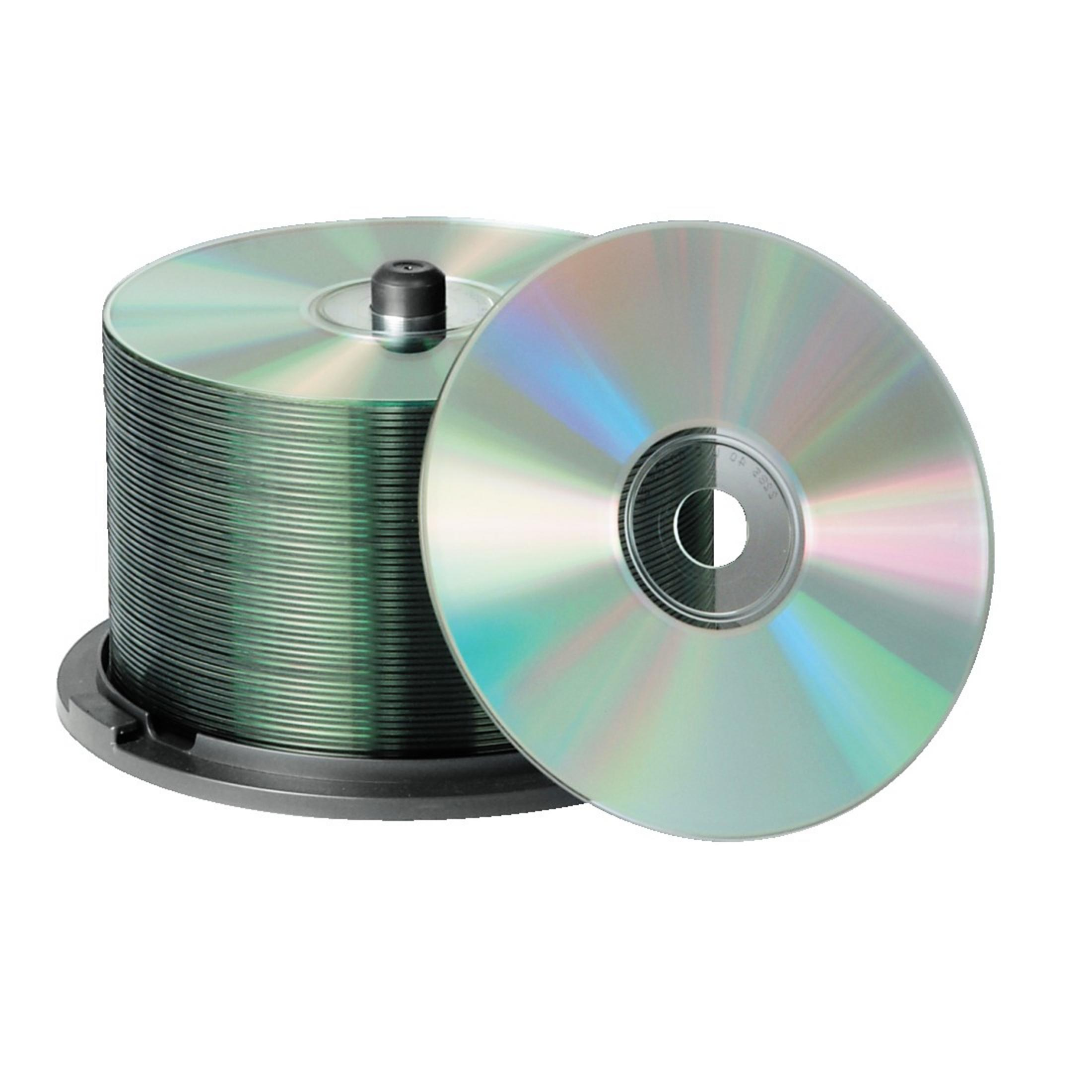 Stos pustych płyt CD na tacy i jedna płyta CD z boku, białe tło.