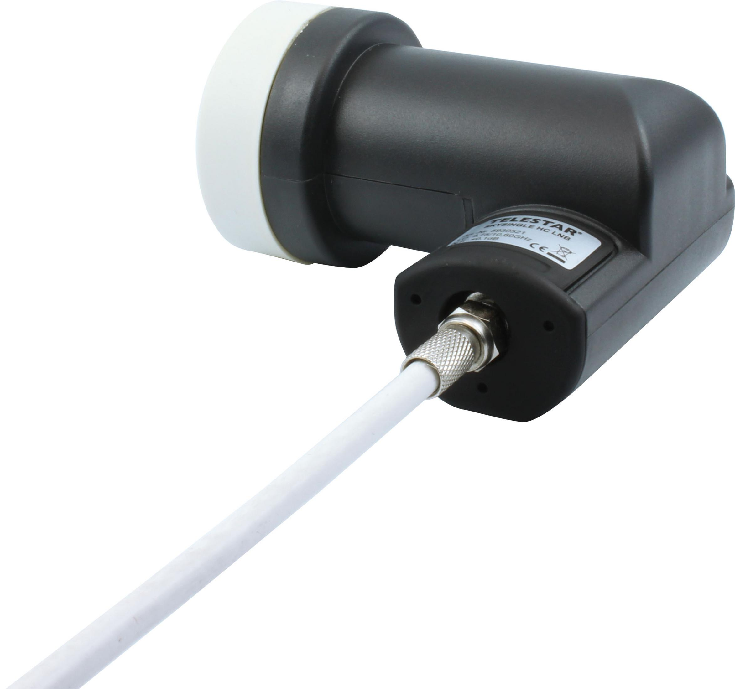 Ein schwarz-weißes LNB mit weißem Kabel. Es ist ein Gerät für Satellitensignale.