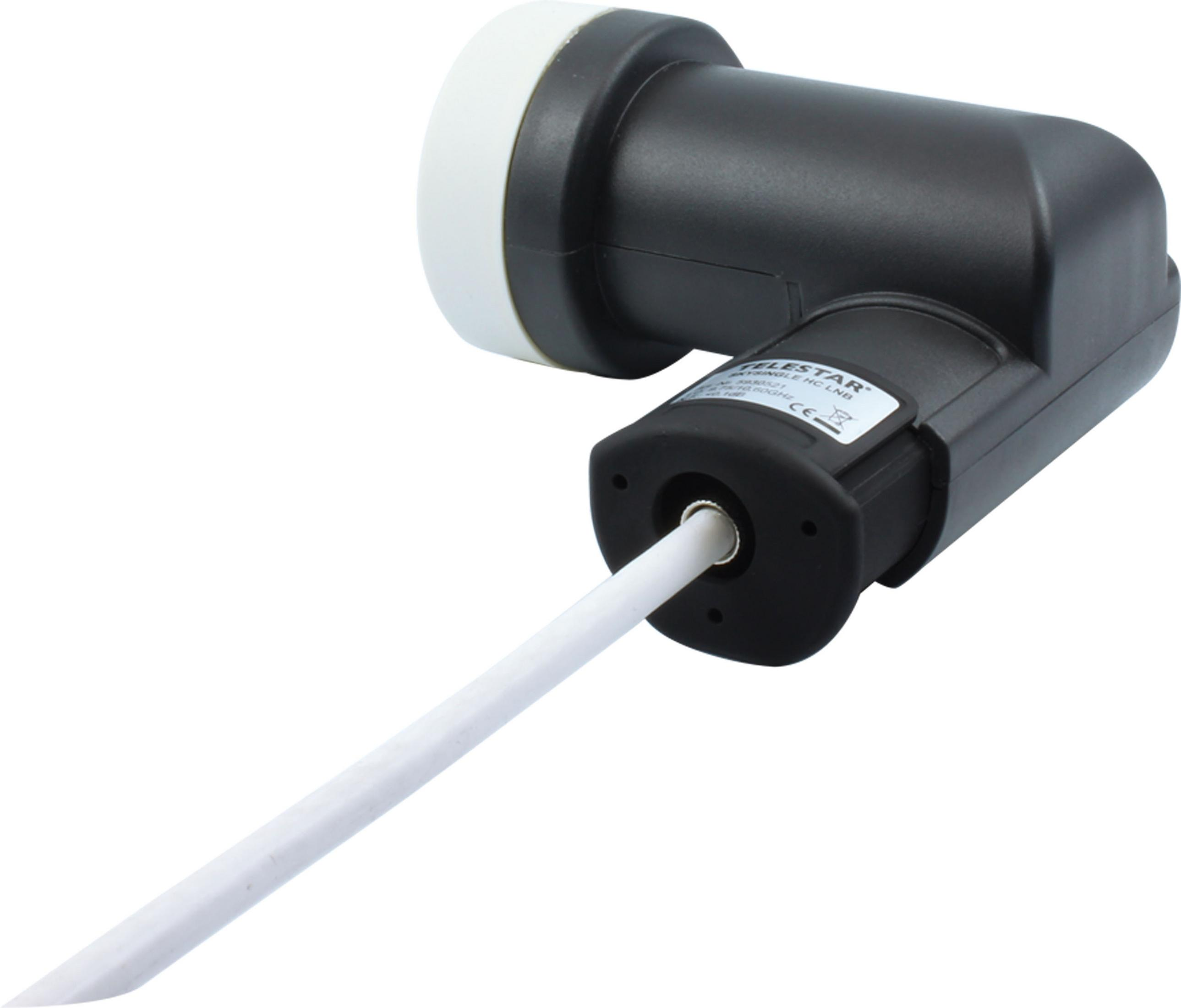 Schwarzer Satelliten-LNB mit weißem Kabel und Stecker.