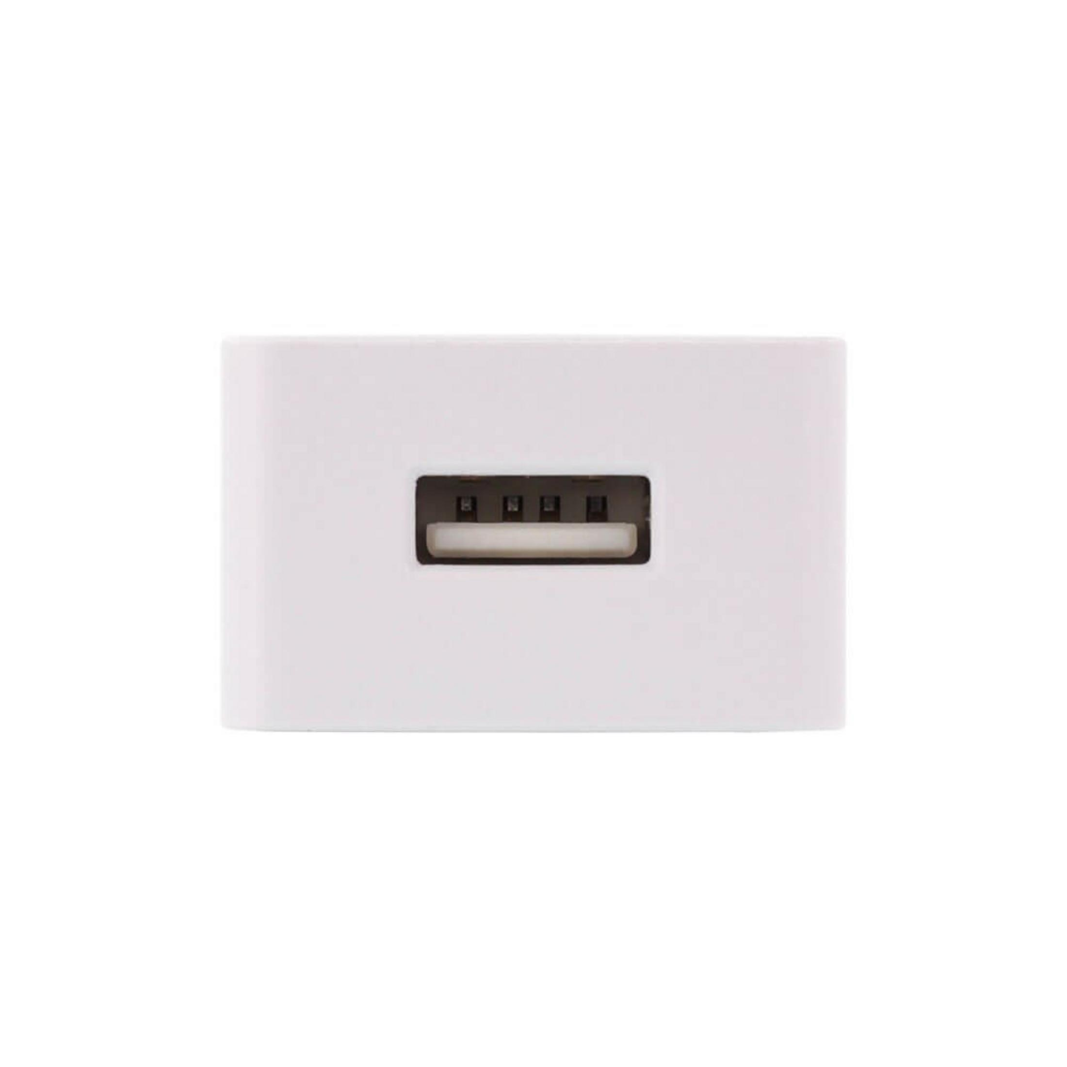 Weißes USB-Ladegerät mit einem einzelnen USB-Anschluss. Der Anschluss ist schwarz.