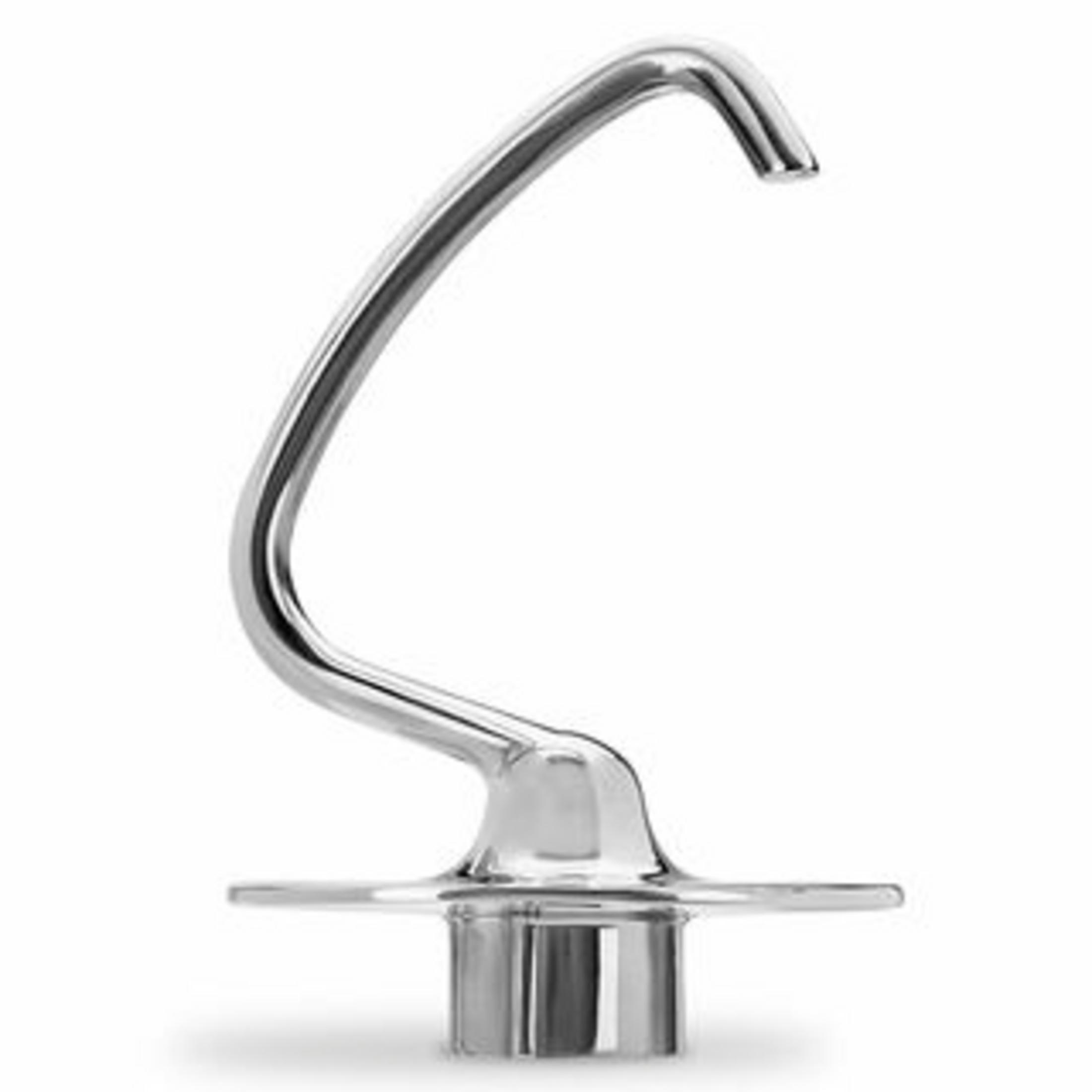 Srebrne mocowanie haka do miksera kuchennego na białym tle.